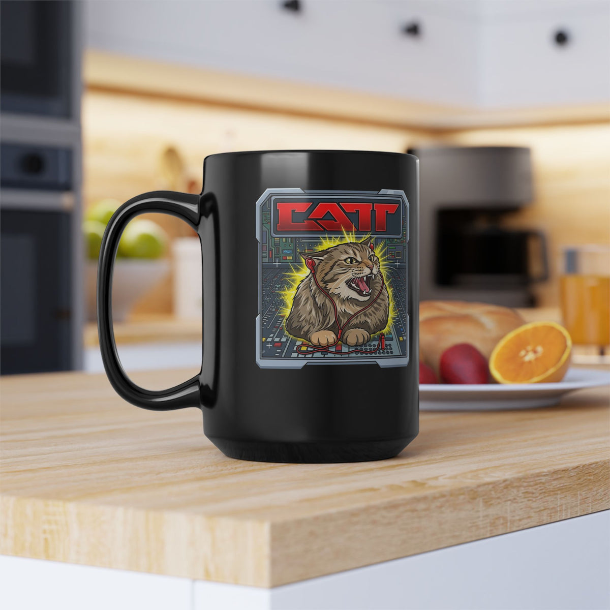 80s Hair Metal Cat Black Mug — Vintage Rock Cat Graphic Mug