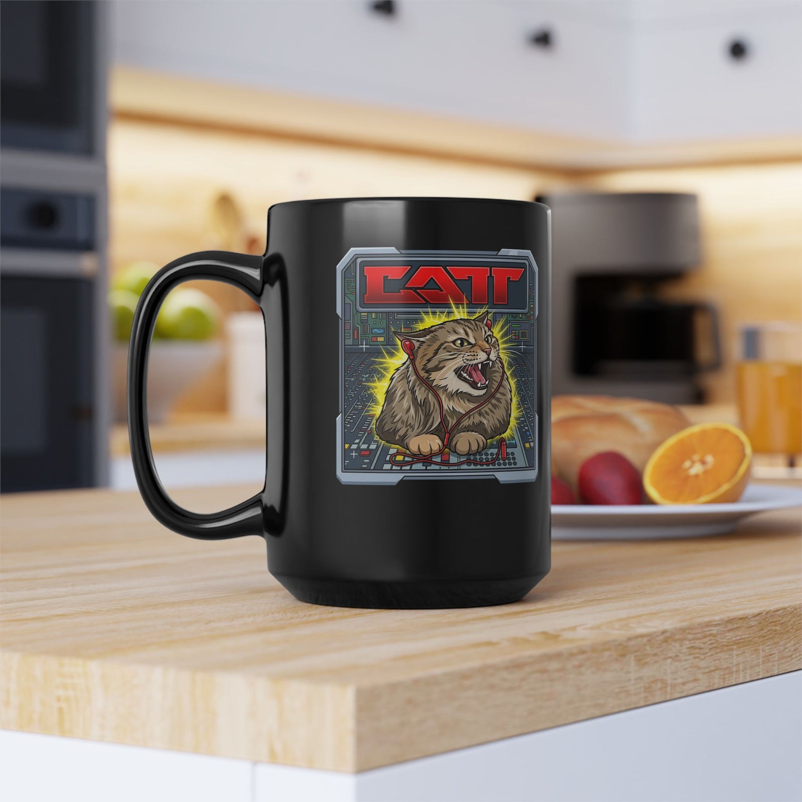 80s Hair Metal Cat Black Mug — Vintage Rock Cat Graphic Mug