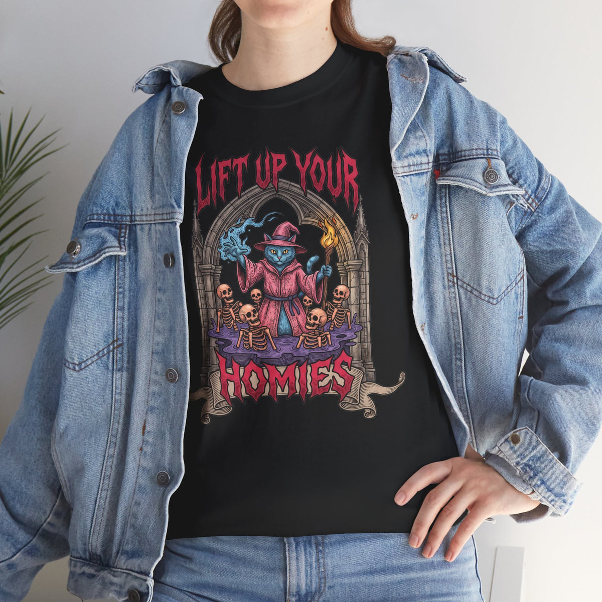 Lift Up Your Homies Wizard Cat T-Shirt — Necromancer Skeleton Feline Tee