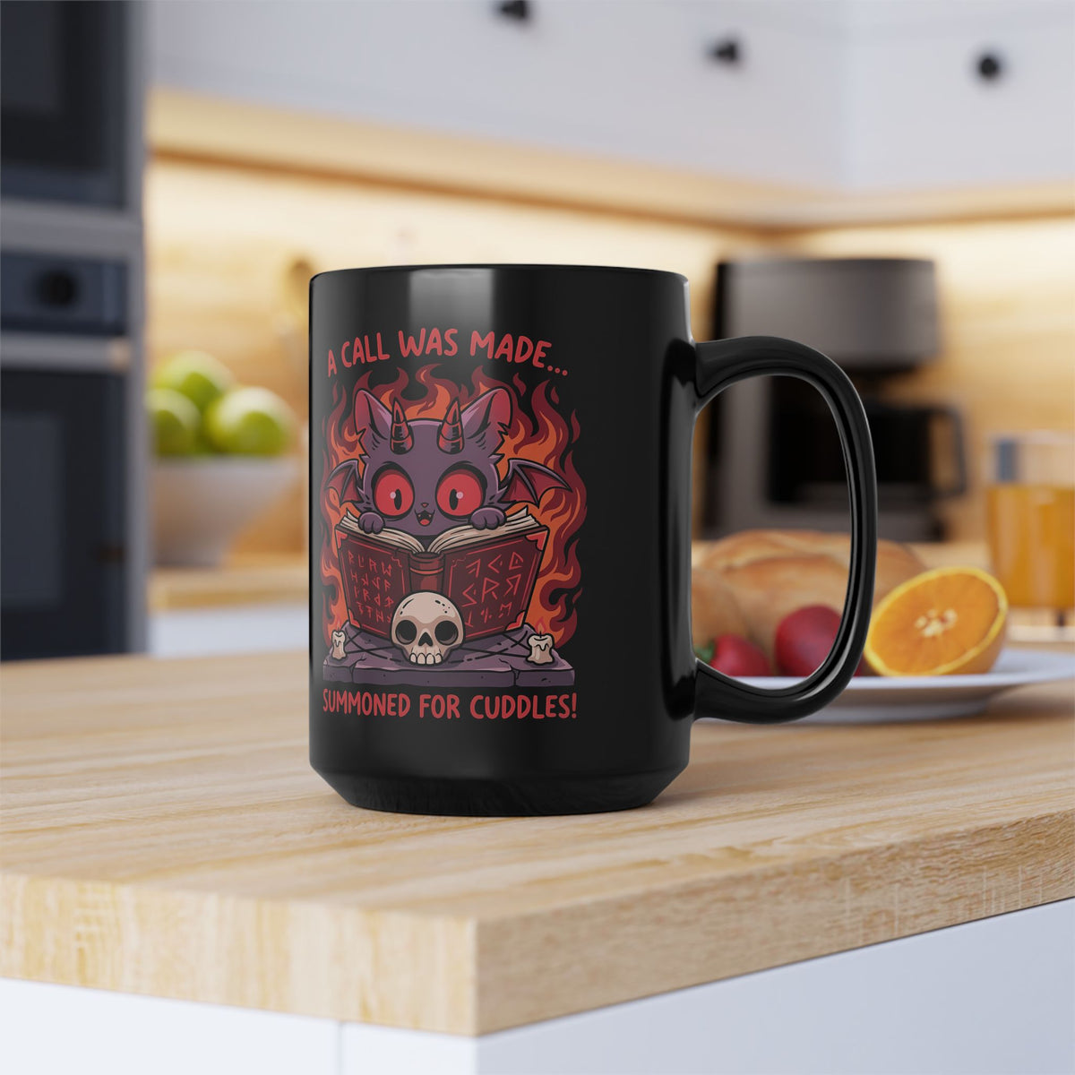 Summoned for Cuddles Cat Black Mug — "A Call Was Made" Cute Cat Mug