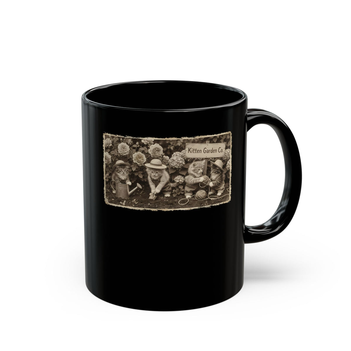 Vintage Kittens in the Garden Black Mug — Cute Floral Cat Mug