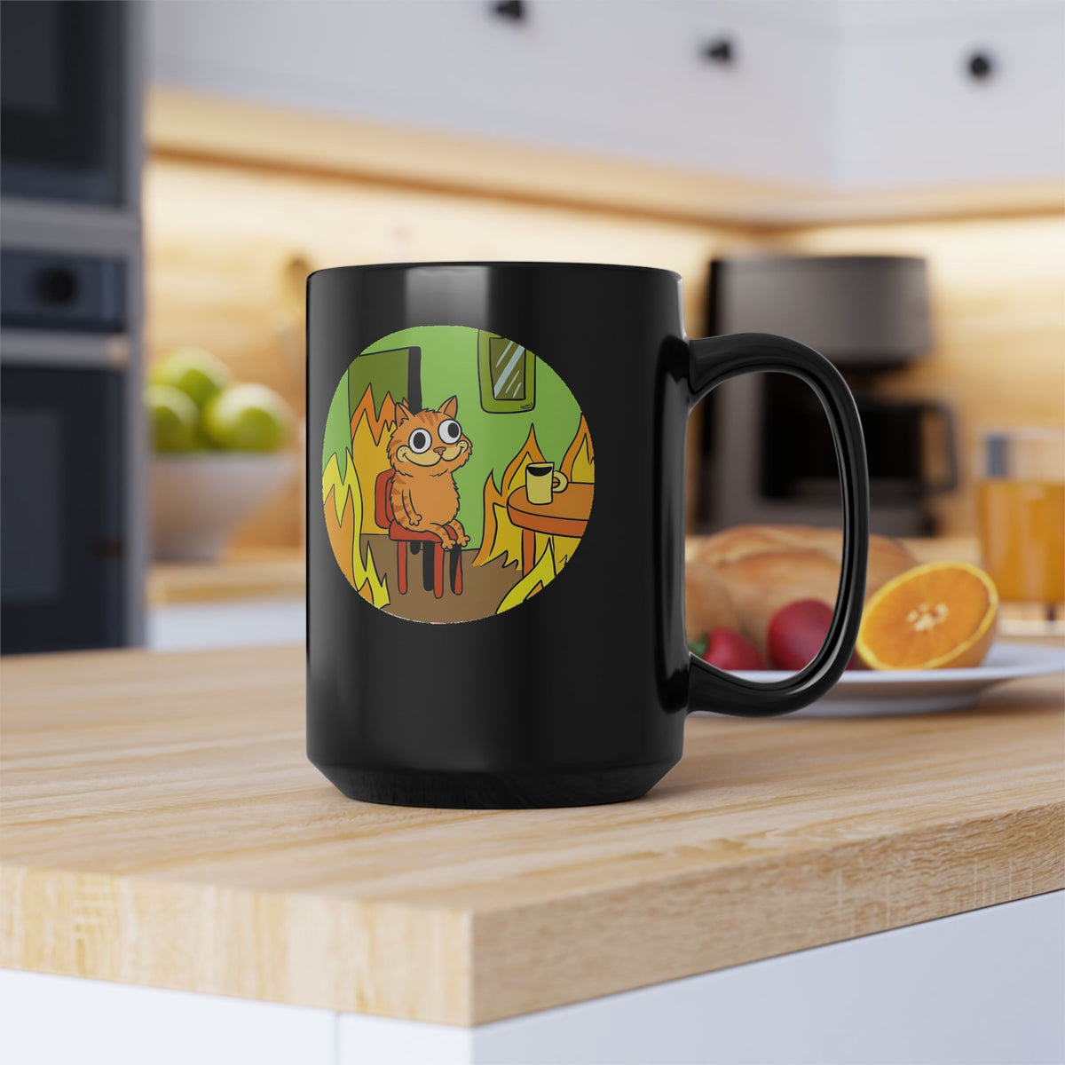 This Is Fine Orange Cat Black Mug — Funny Meme Parody Feline Graphic Mug