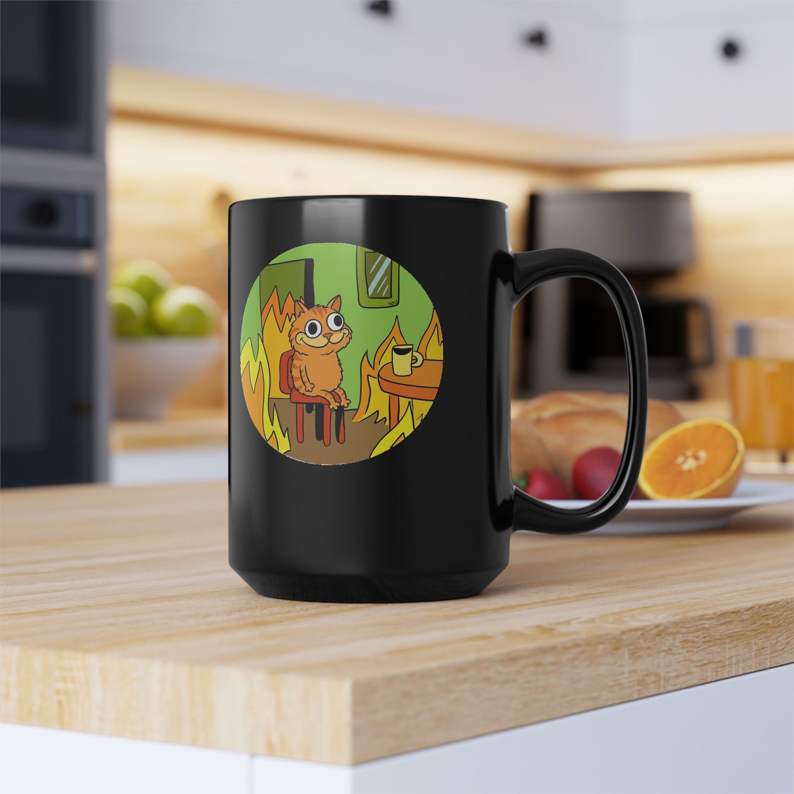 This Is Fine Orange Cat Black Mug — Funny Meme Parody Feline Graphic Mug