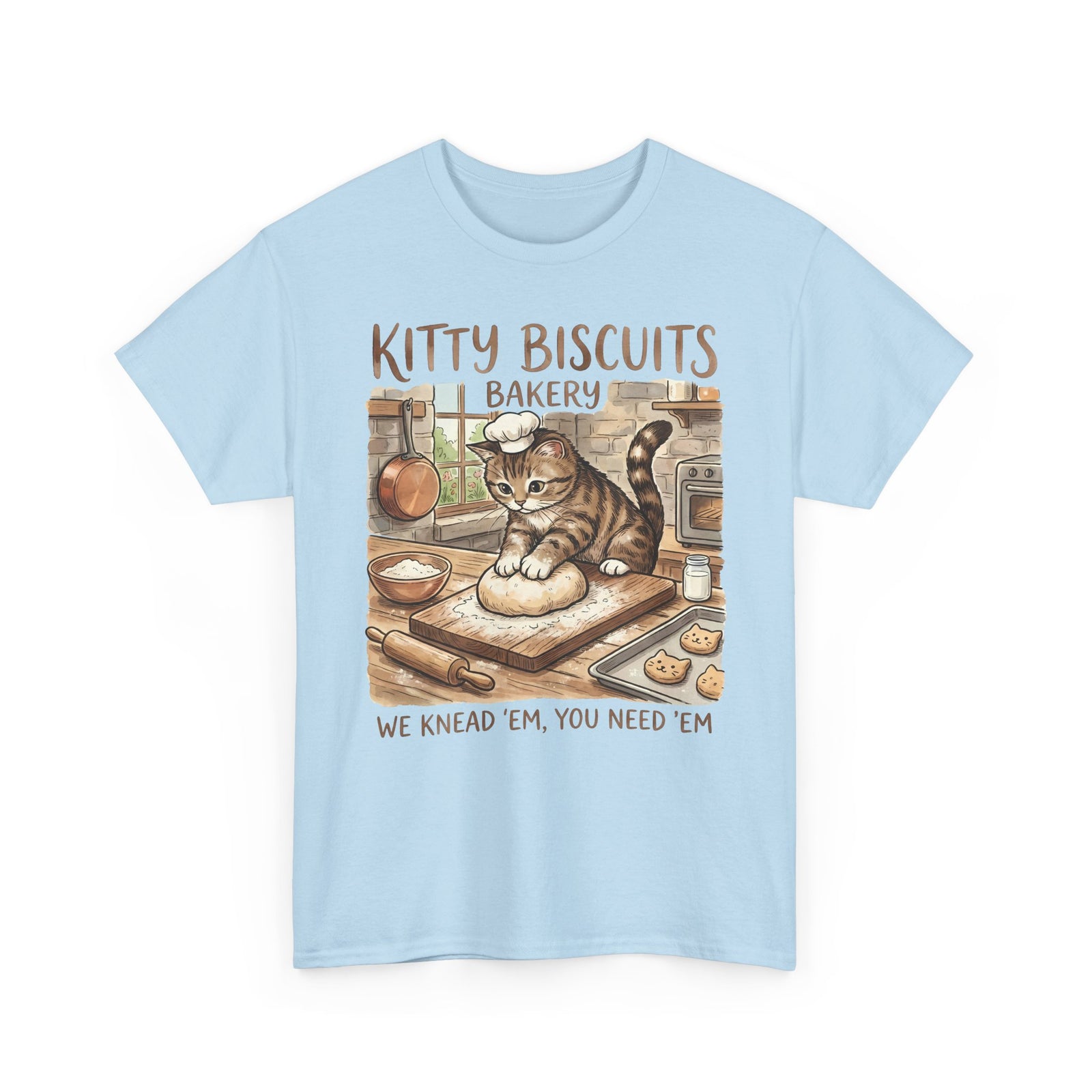 Kitty Biscuits Bakery T-Shirt — "We Knead 'Em We Need 'Em" Cat Bakery Tee