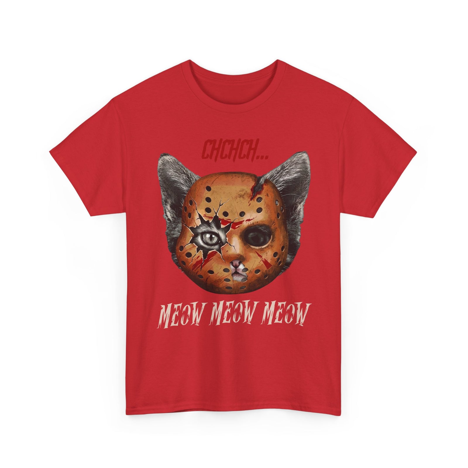 Horror Cat Tee  “Meow Meow Meow” Jason Mask Kitty Graphic T-Shirt