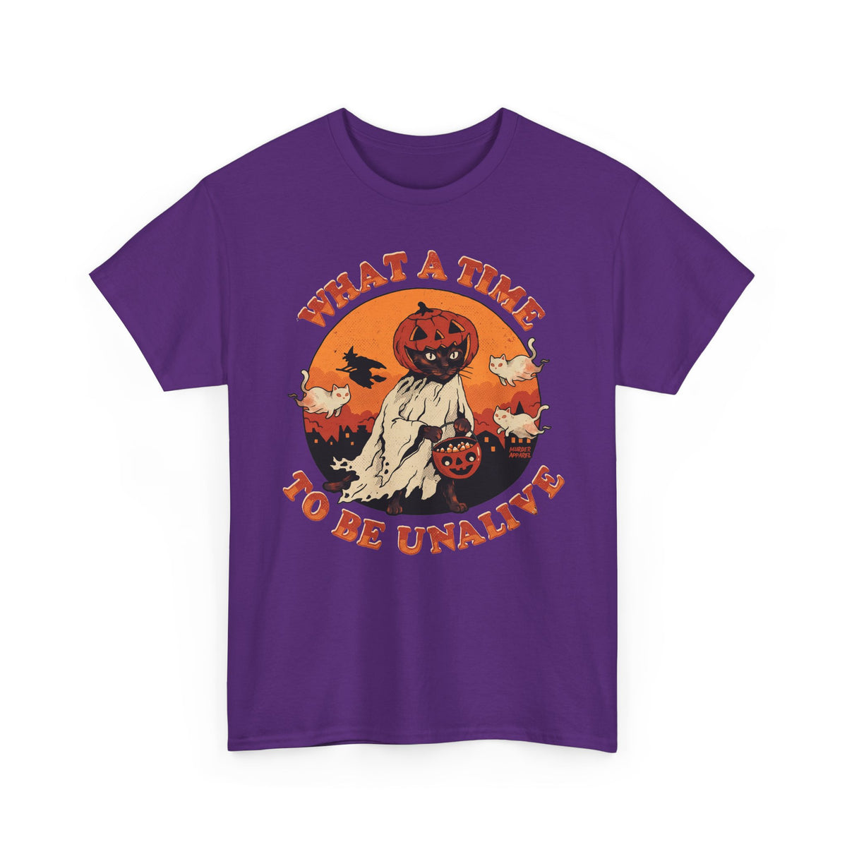 What A Time To Be Unalive Black Cat Ghost Sheet Shirt — Retro Halloween T-Shirt