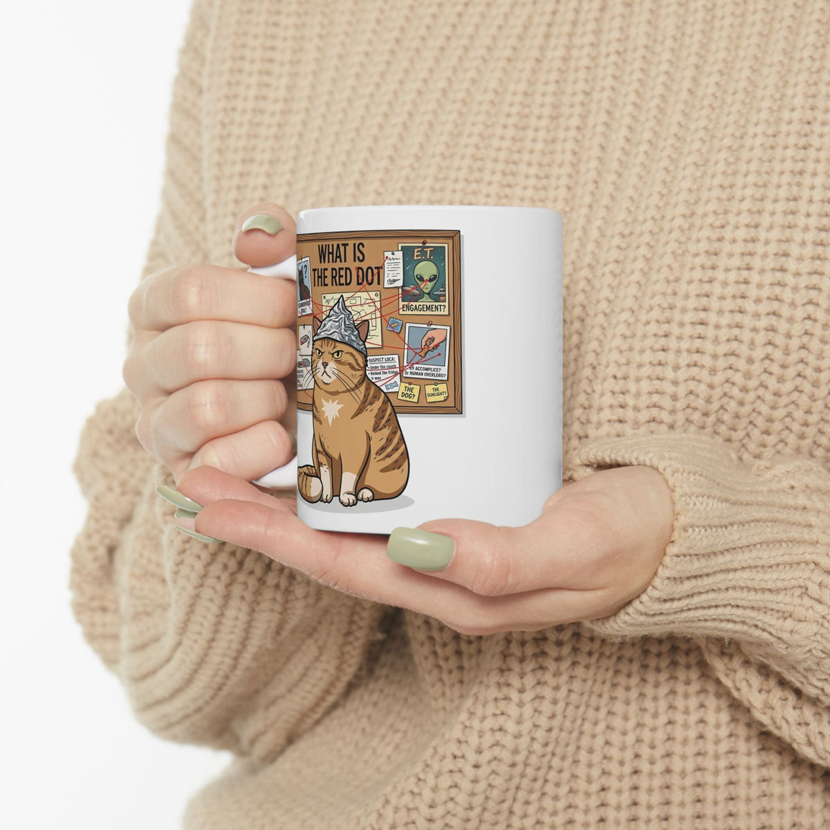 Funny Cat Conspiracy Mug "What Is The Red Dot?" Laser Pointer Humor