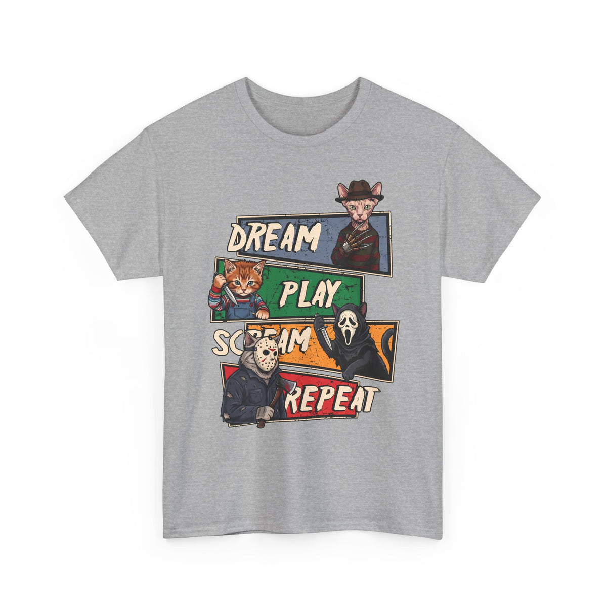Dream Play Scream Repeat Horror Cats T-Shirt — Slasher Movie Icons Tee