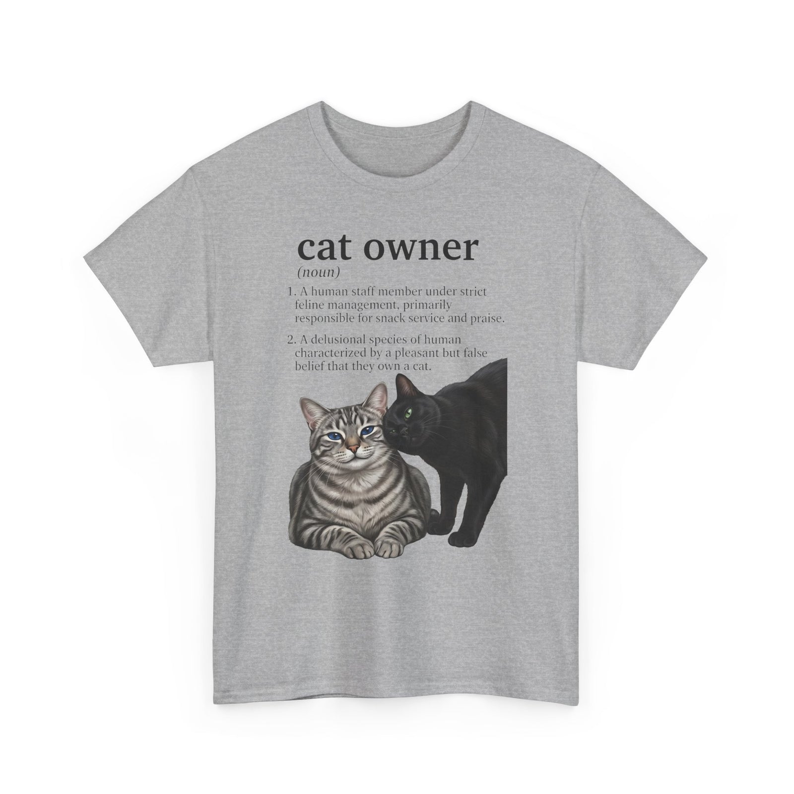 Cat Owner Definition T‑Shirt — Cute Tabby & Black Cat Graphic Tee for Cat Lovers