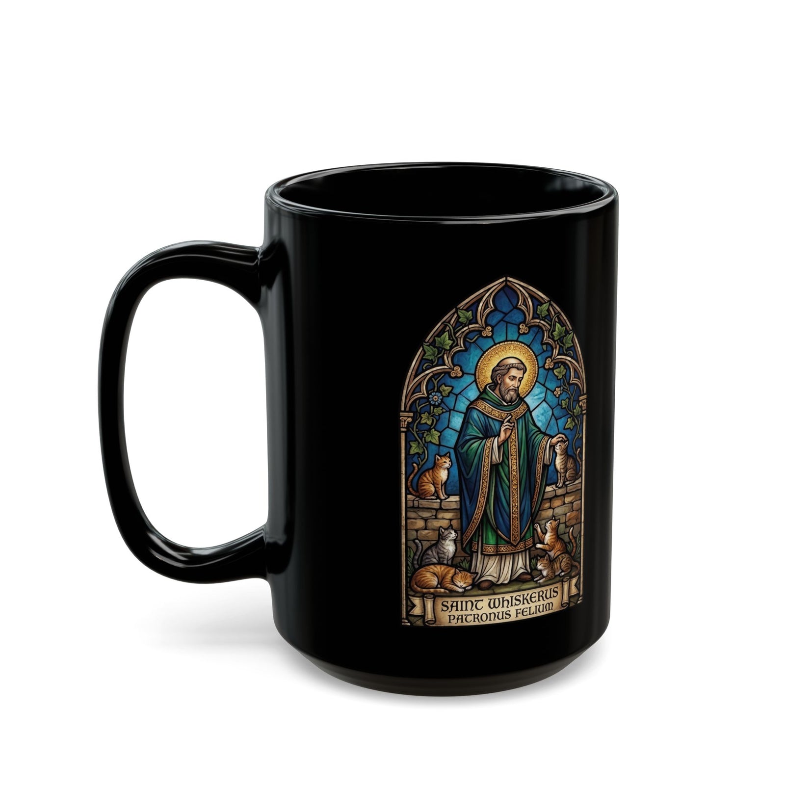Patronus Felium 'Saint Whiskerus' Black Mug
