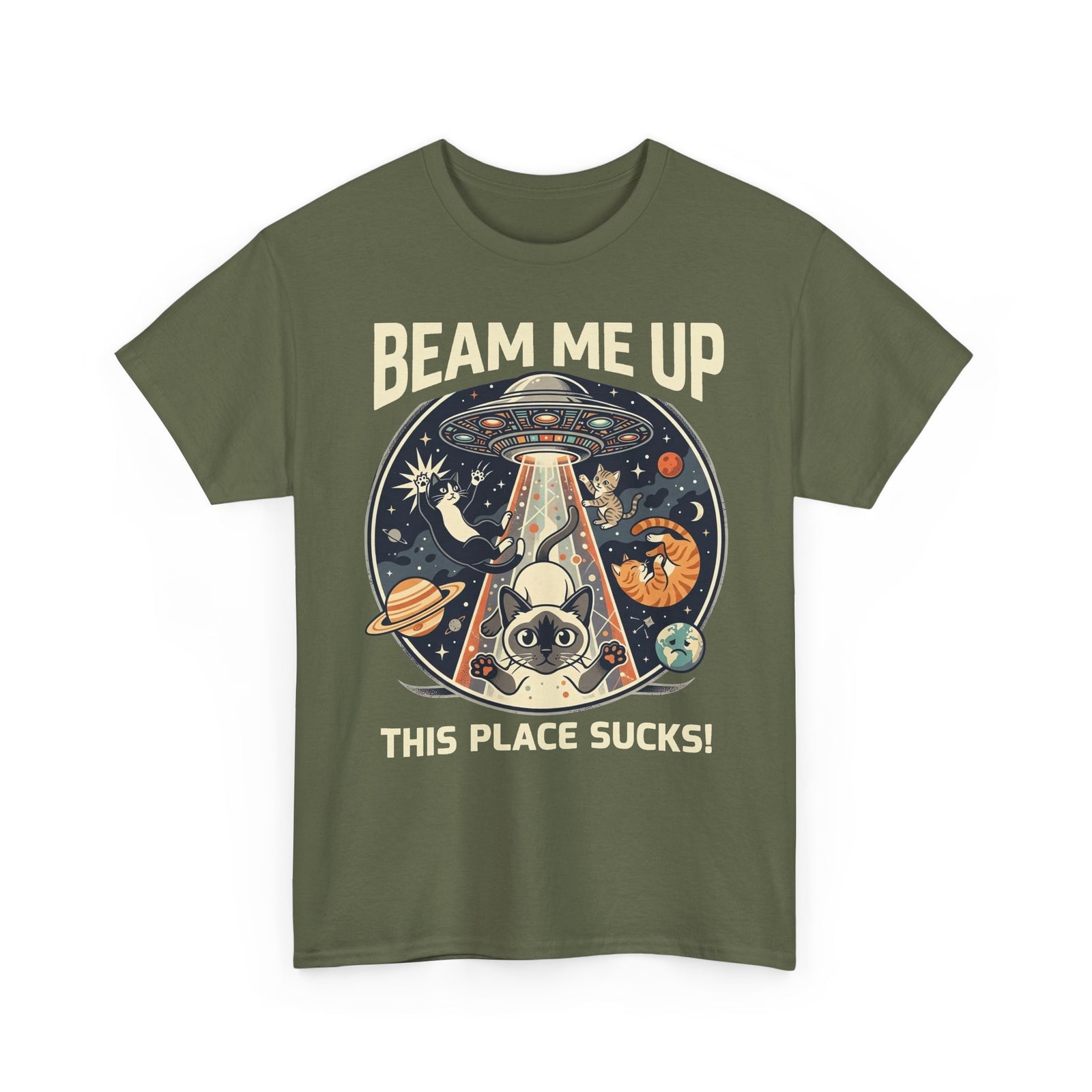 Cat UFO T-Shirt – "Beam Me Up, This Place Sucks" Retro Space Tee
