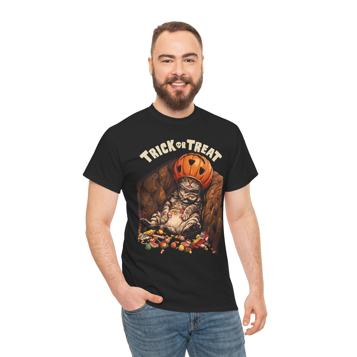 Trick Or Treat Pumpkin Helmet Cat T-Shirt — Funny Halloween Candy Coma Tee