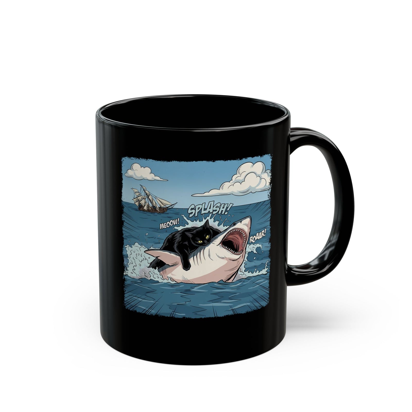 Black Cat Vs White Shark Black Mug — Funny Comic Book Ocean Battle Mug