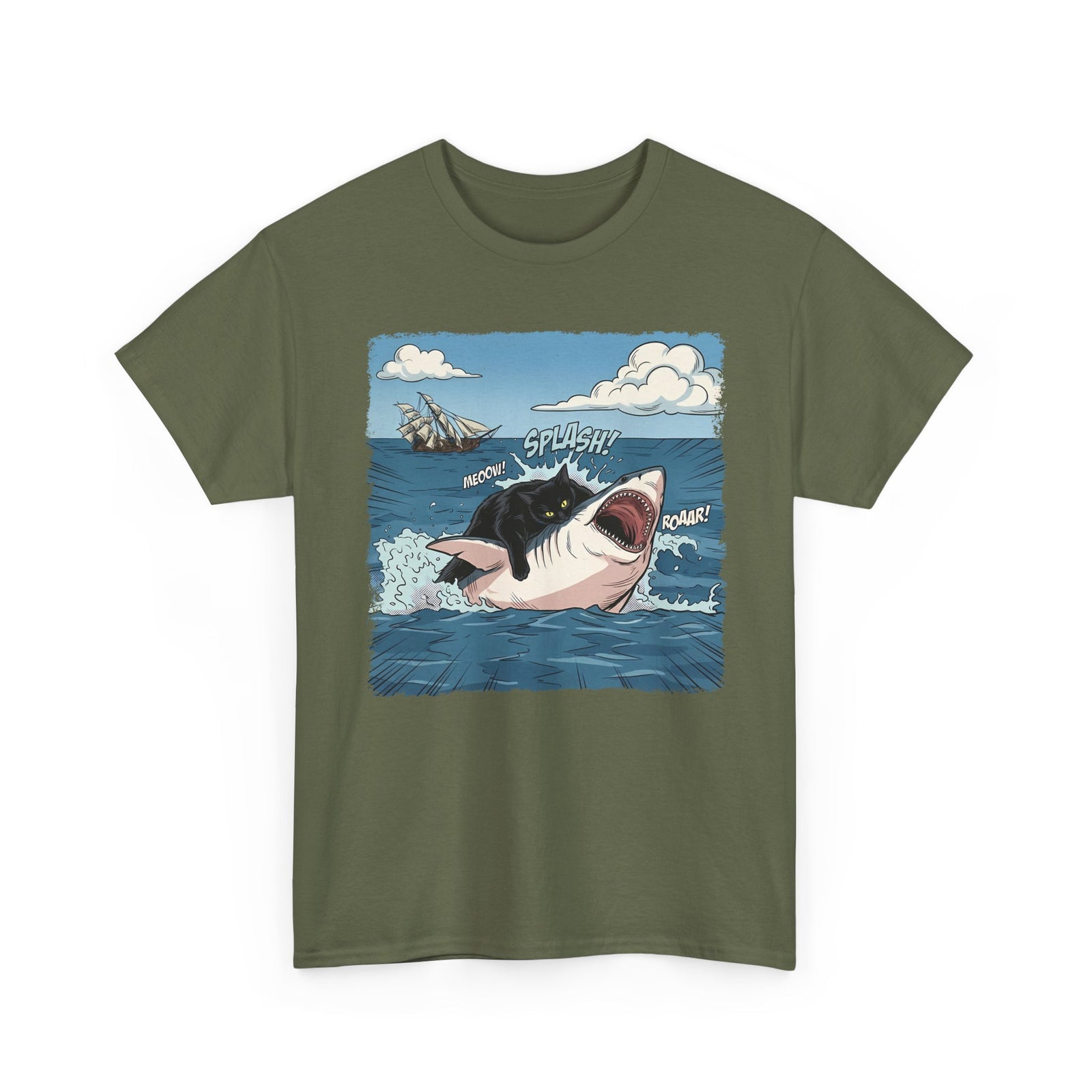 Black Cat Vs White Shark T-Shirt — Funny Comic Book Ocean Battle Tee