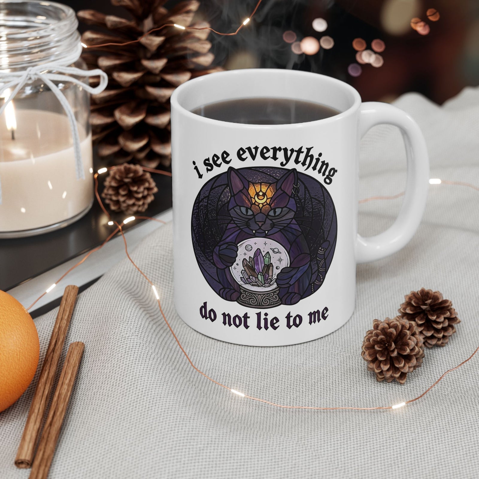 Mystic Fortune Teller Cat Ceramic Mug "I See Everything" Stained Glass Spiritual Kitten