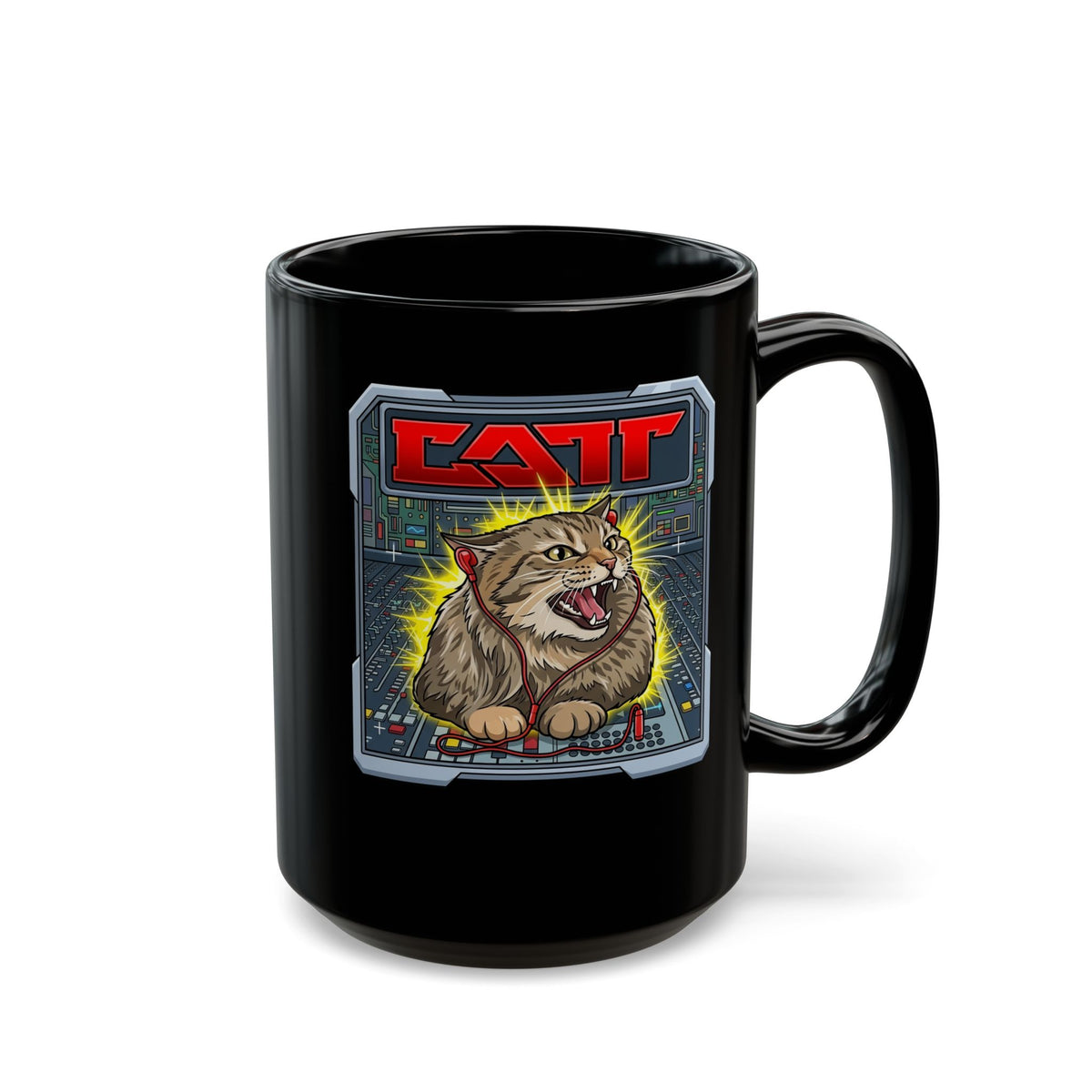 80s Hair Metal Cat Black Mug — Vintage Rock Cat Graphic Mug