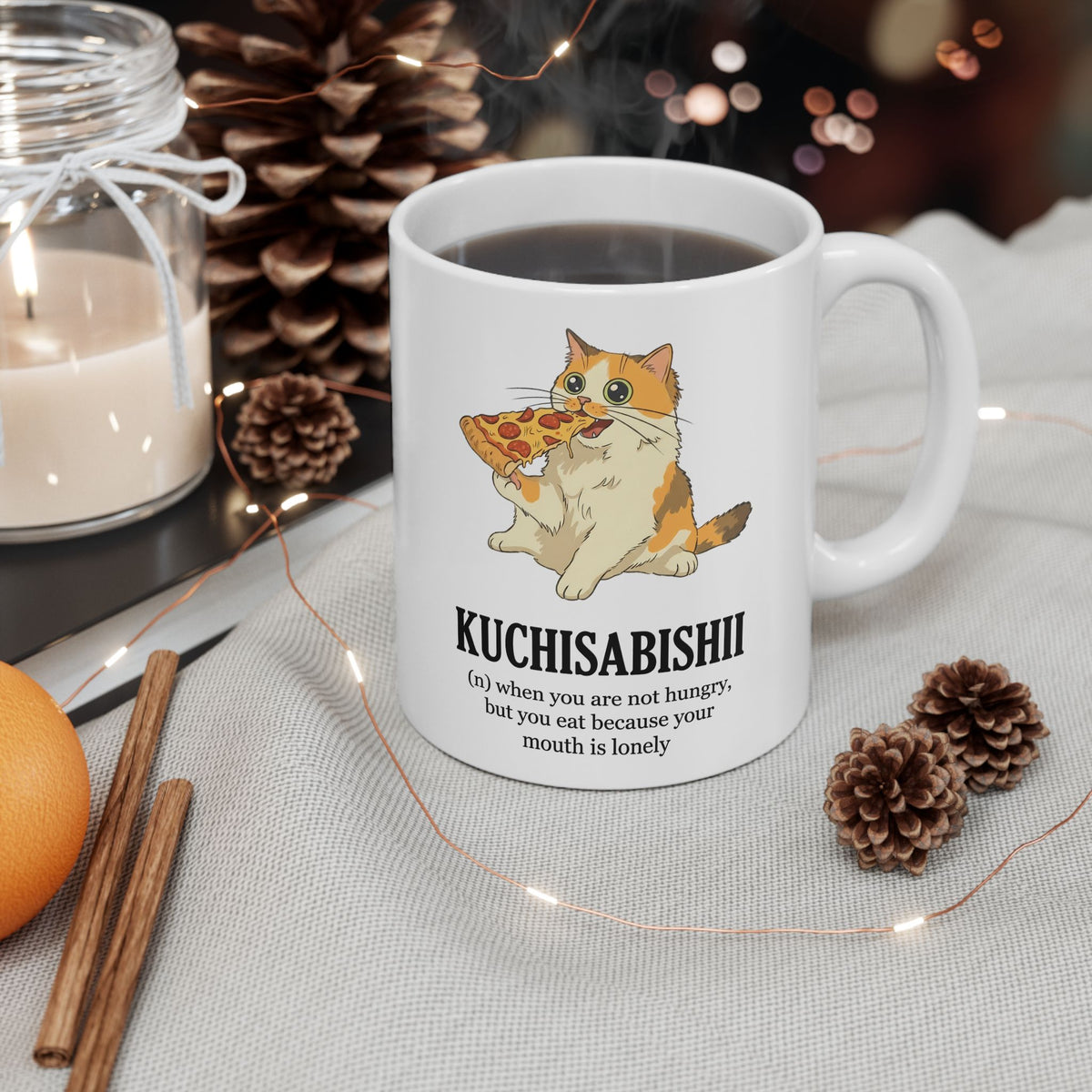 Kuchisabishii Lonely Mouth Ceramic Mug — Funny Cat Eating Pizza Mug