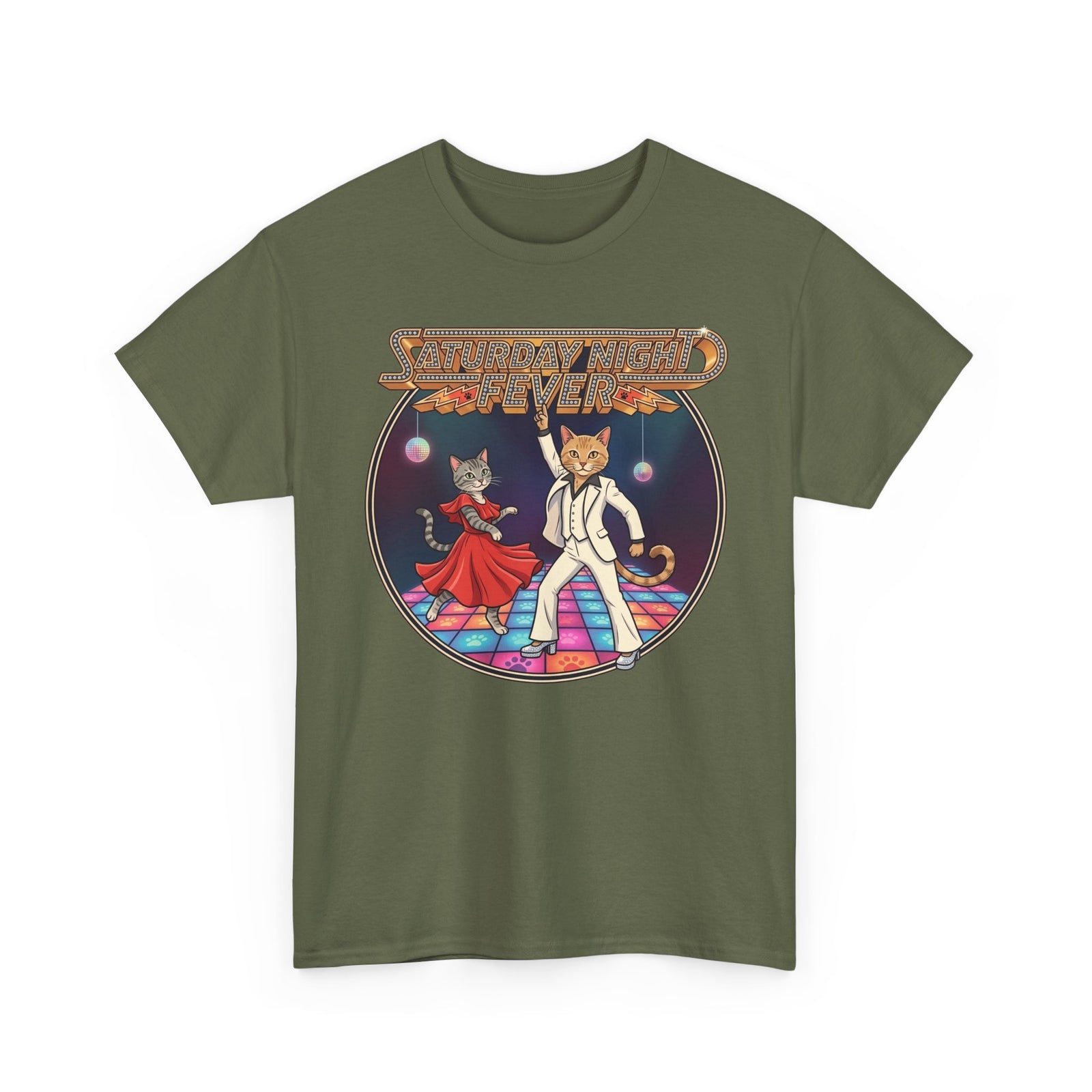 Disco Cats Dancing Tee — 'Saturday Night' Retro Funk Graphic T-Shirt