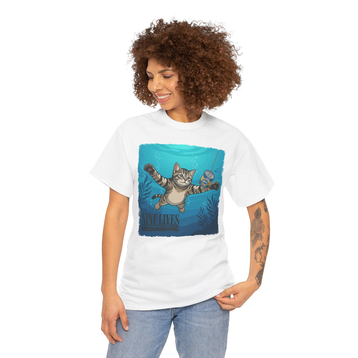 T-Shirt — 'Nine Lives' Diving Cat Graphic Tee