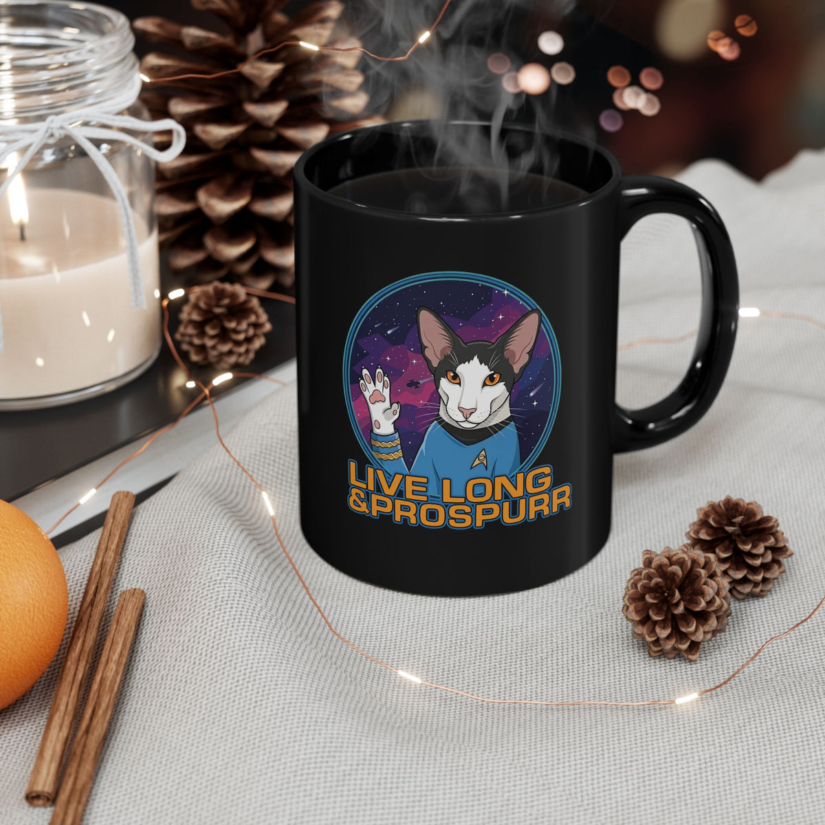 Sci‑Fi Cat 'Live Long Prospurr' Black Mug