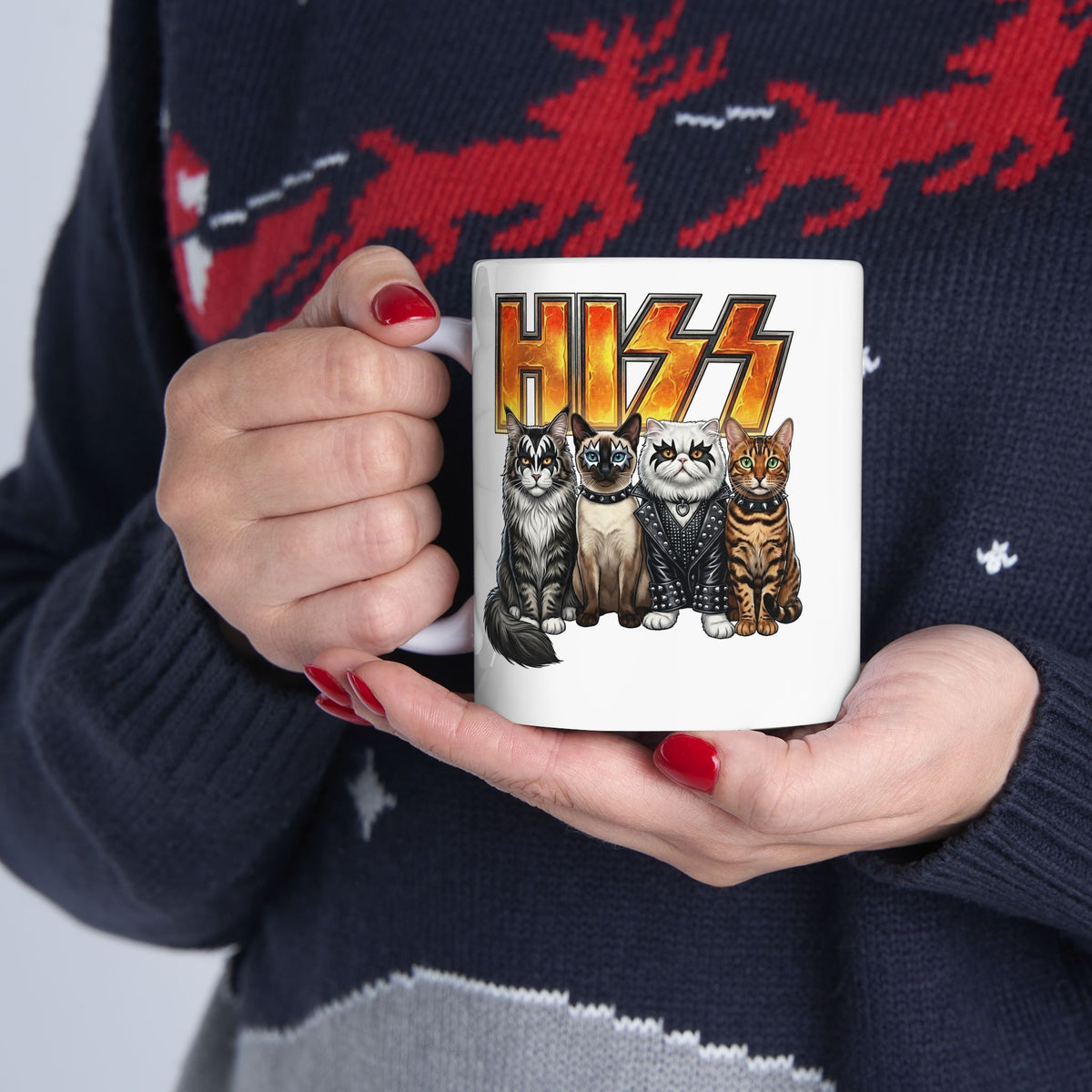 Heavy Metal Cat Hiss Ceramic Mug — Retro Rock Cat Graphic Mug