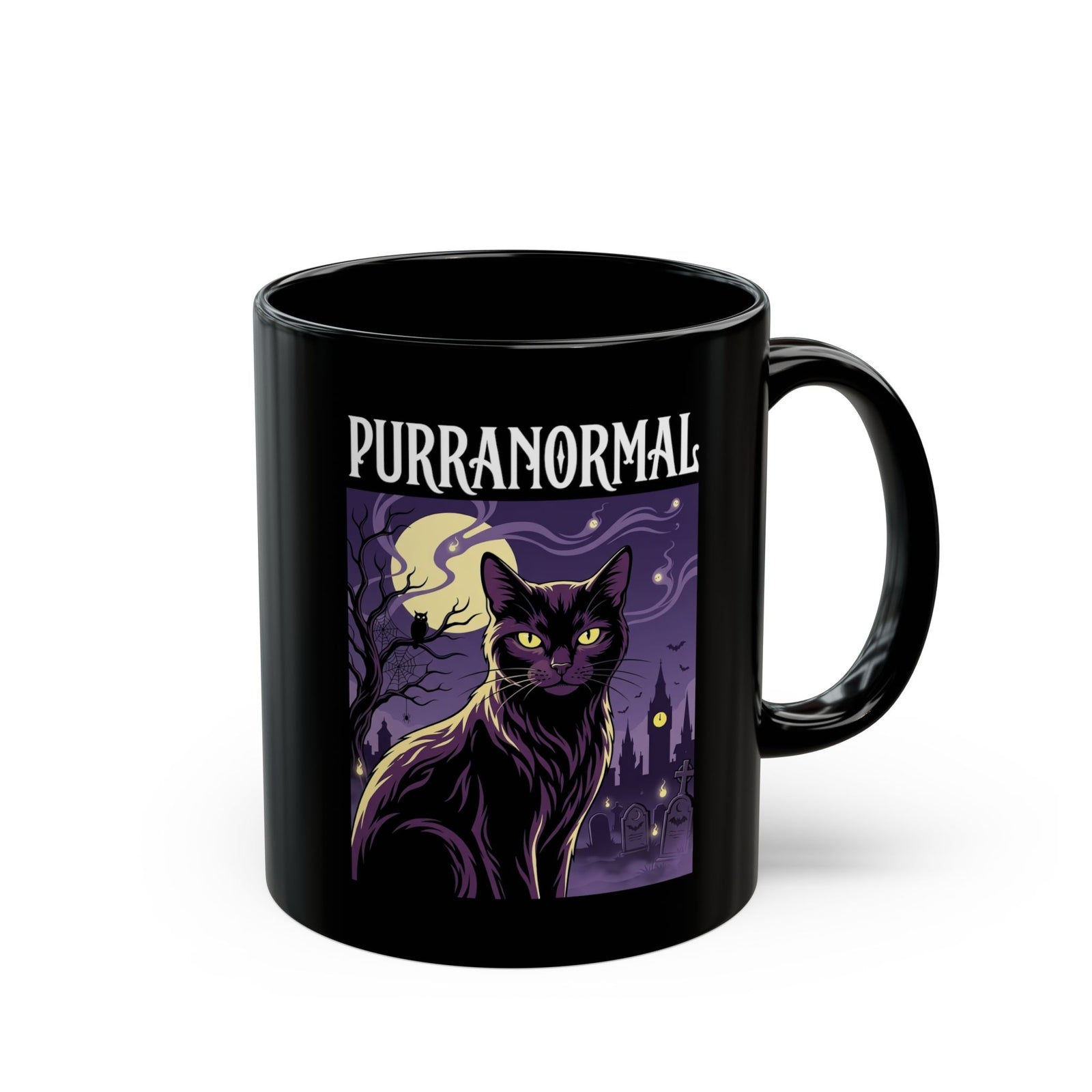 Purranormal Cat Black Mug — Paranormal Cat Spooky Cat Graphic Mug