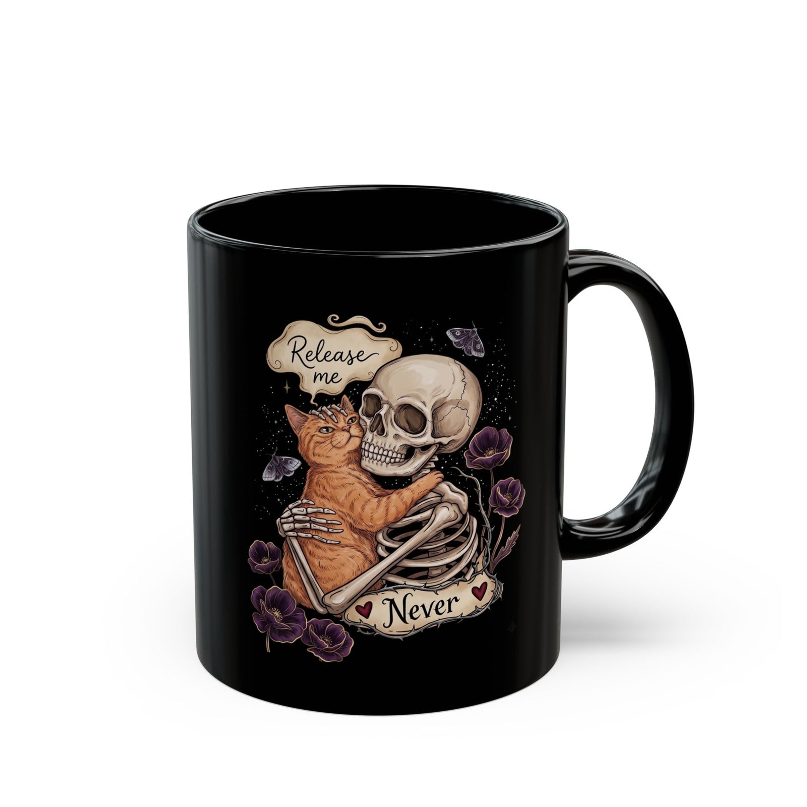 Funny Clingy Skeleton & Cat Black Mug — Dark Aesthetic Cat Mug