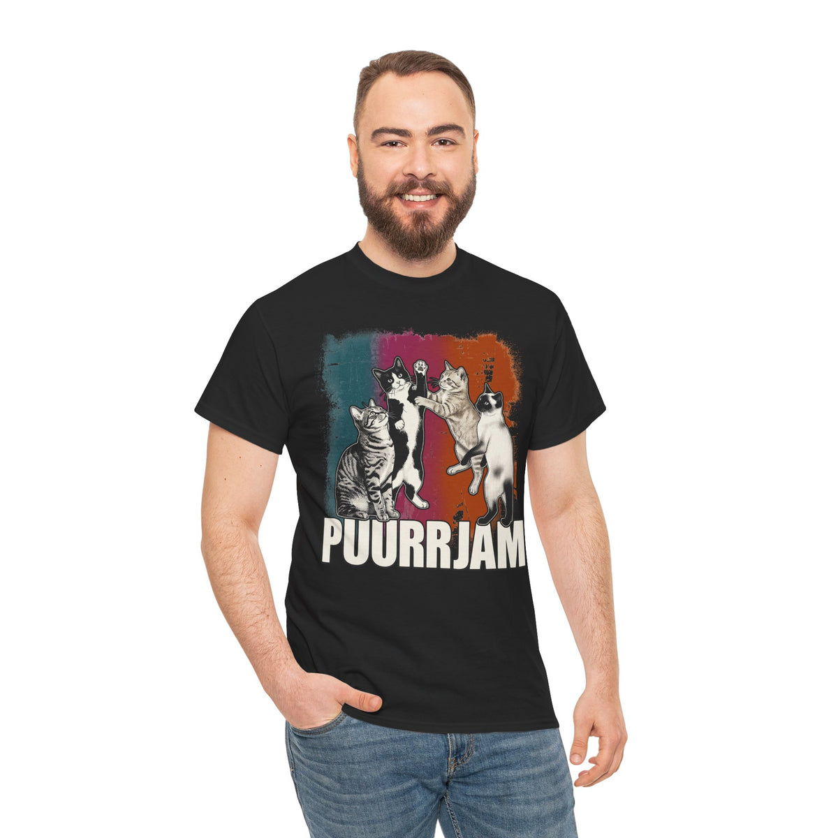 Purrjam Cat Band T‑Shirt — Vintage Retro Feline Music Graphic Tee