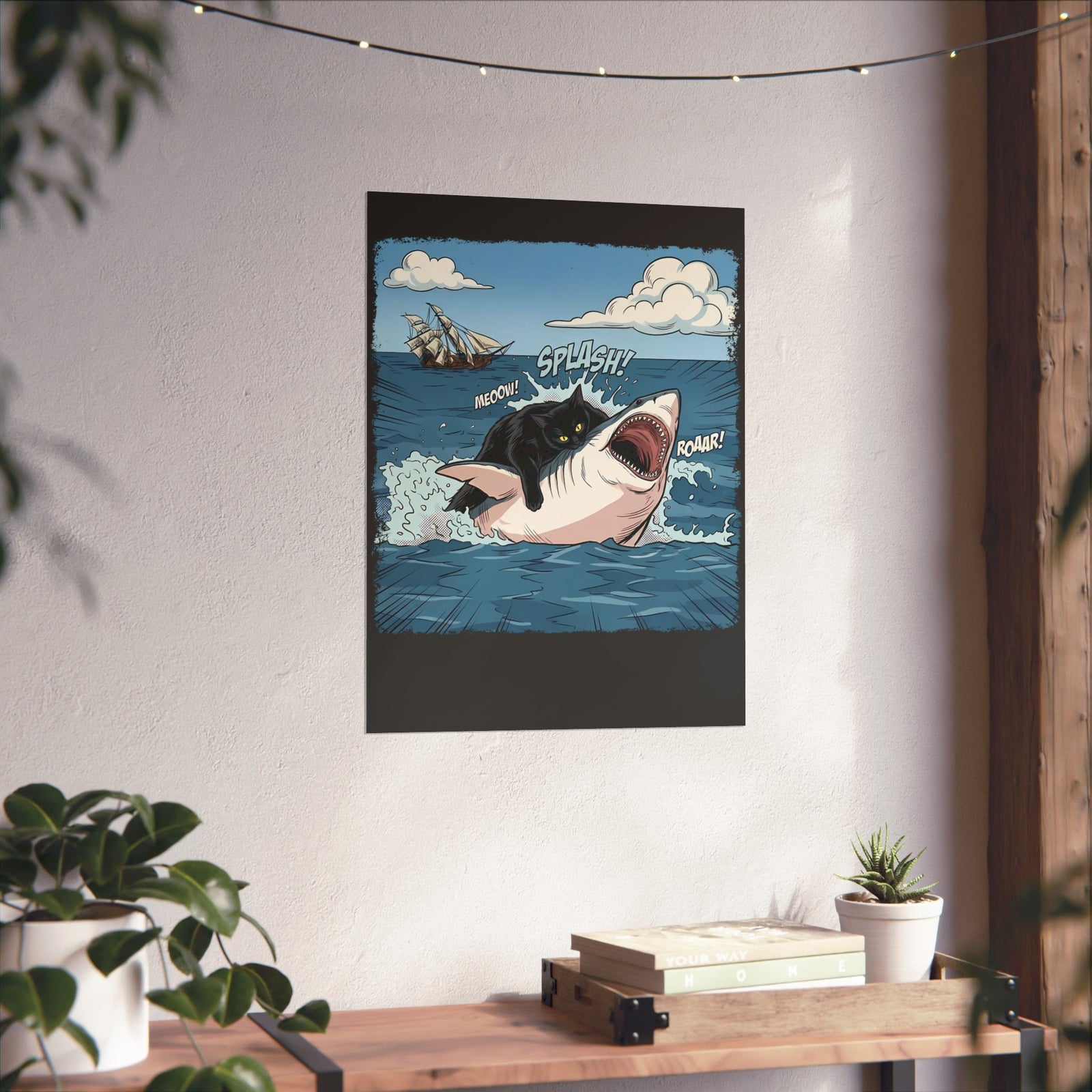 Black Cat Vs White Shark Poster — Funny Comic Book Ocean Battle Poster