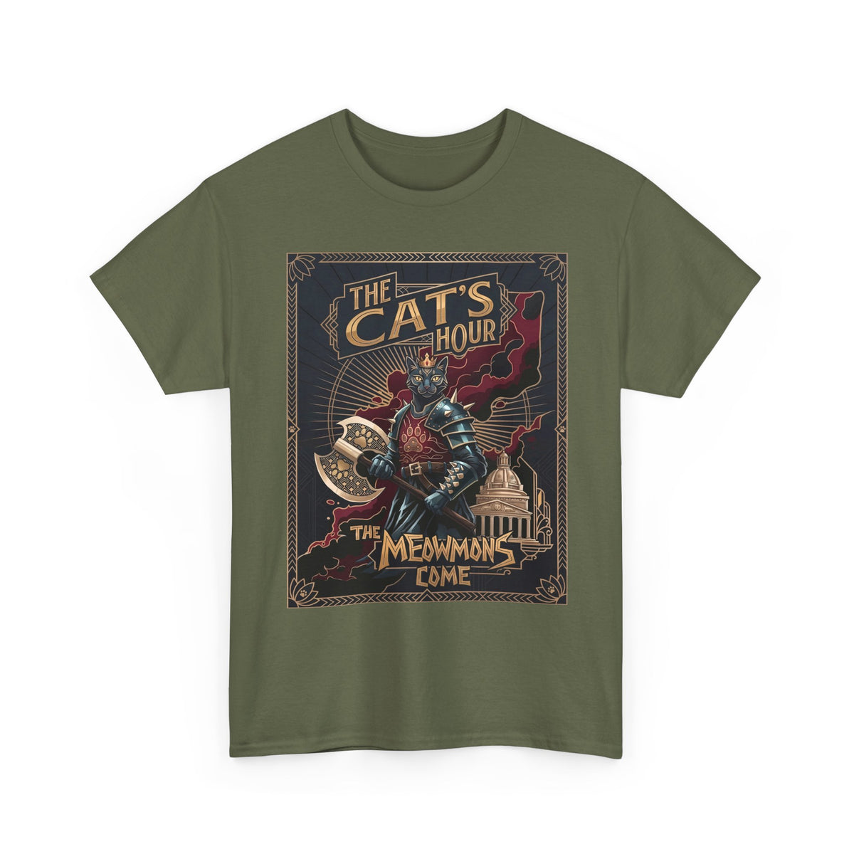 The Cat's Hour The Meowmons Come Shirt — Dark Fantasy Cat Warrior T-Shirt