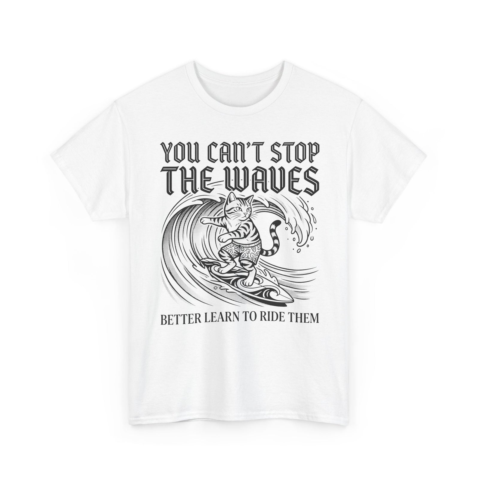 Vintage Surfer Cat T-Shirt — Monochrome Ocean Waves Graphic Tee