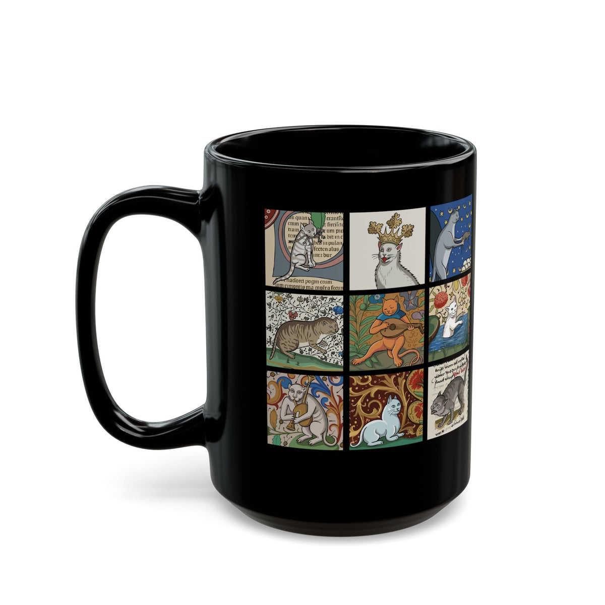 Medieval Cats Black Mug — Vintage Heraldic Cat Design