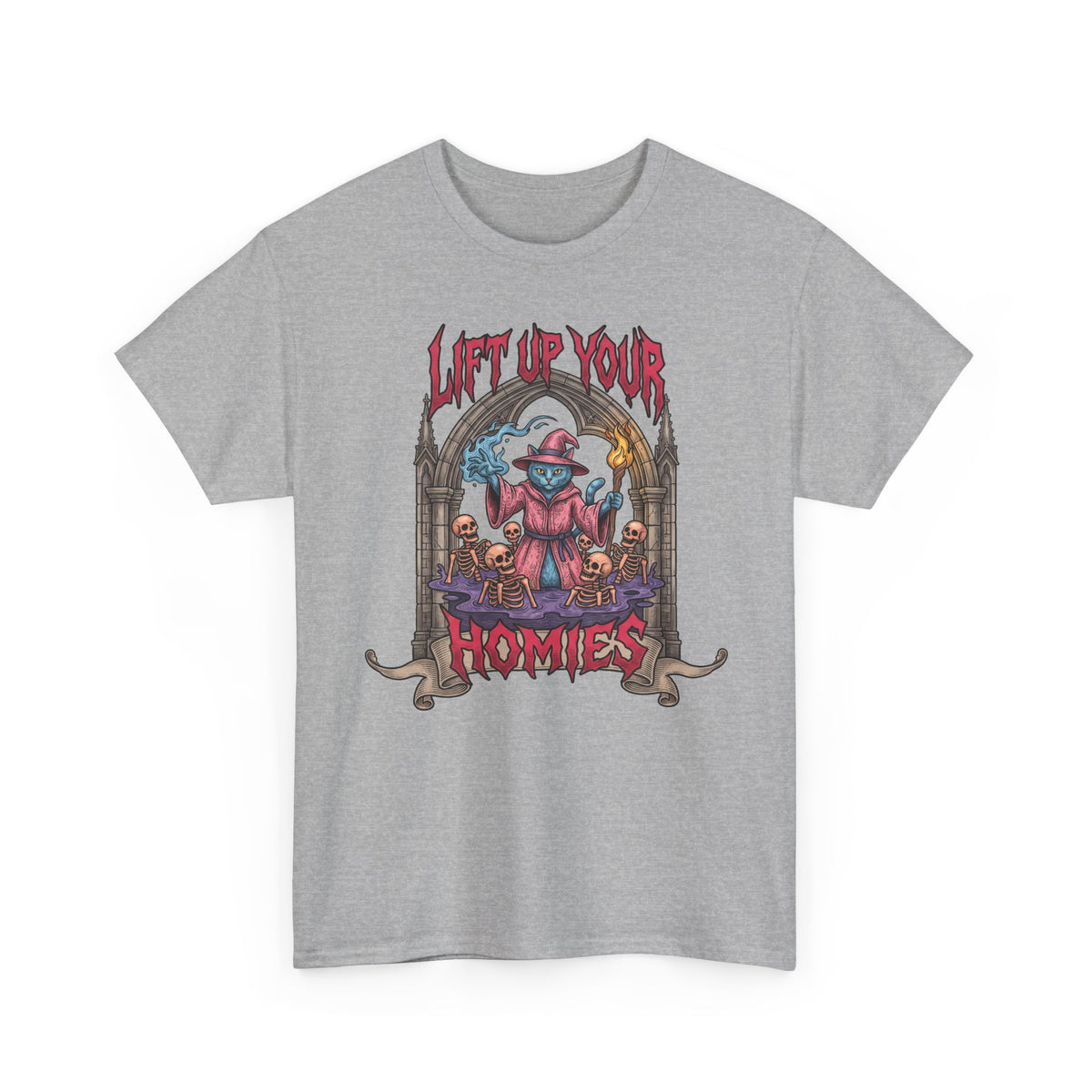Lift Up Your Homies Wizard Cat T-Shirt — Necromancer Skeleton Feline Tee