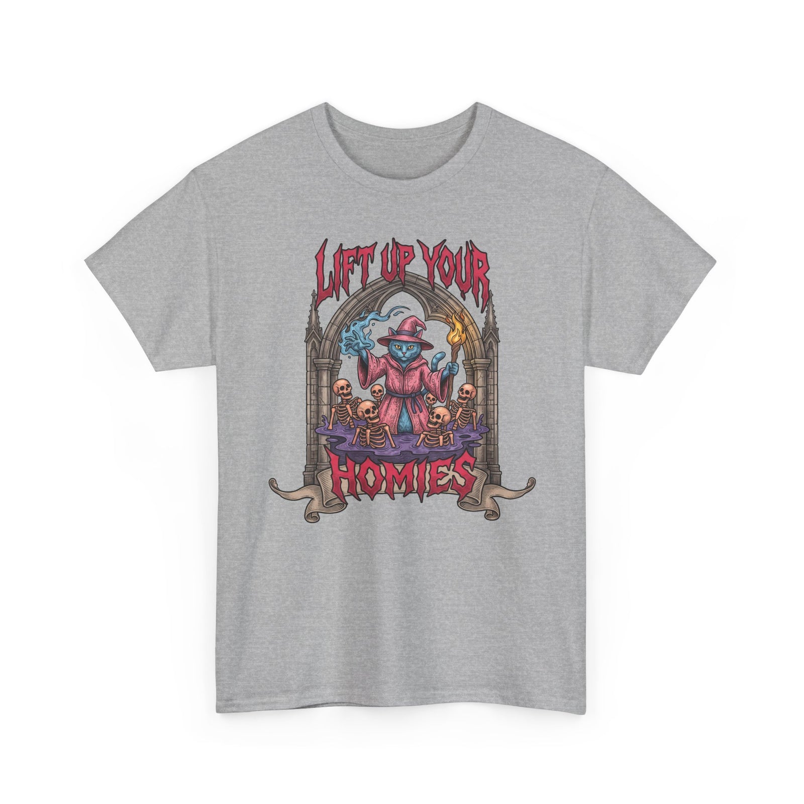 Lift Up Your Homies Wizard Cat T-Shirt — Necromancer Skeleton Feline Tee