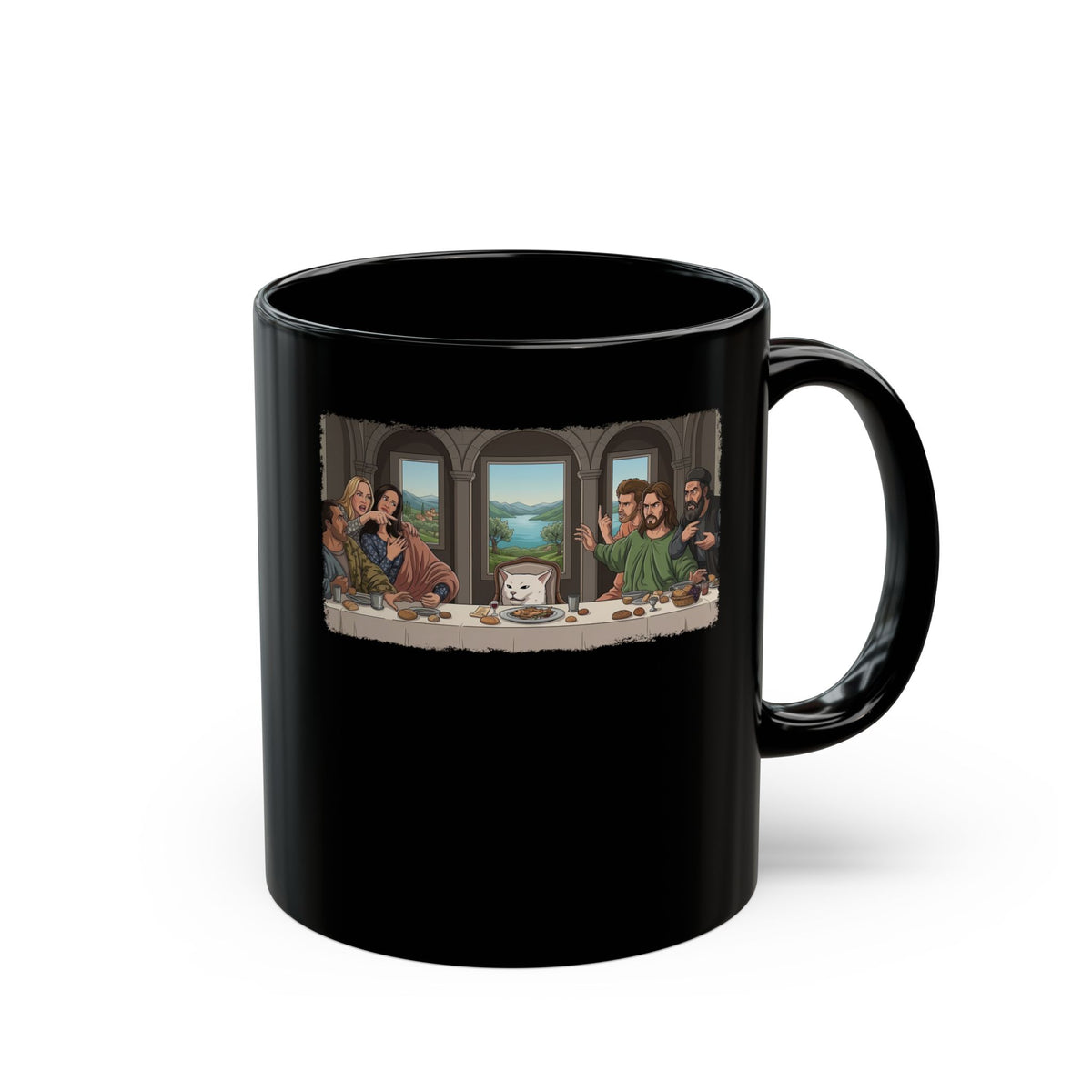 Last Supper x Woman Yelling at Cat Mug — Funny Religious Art Mashup Black Mug