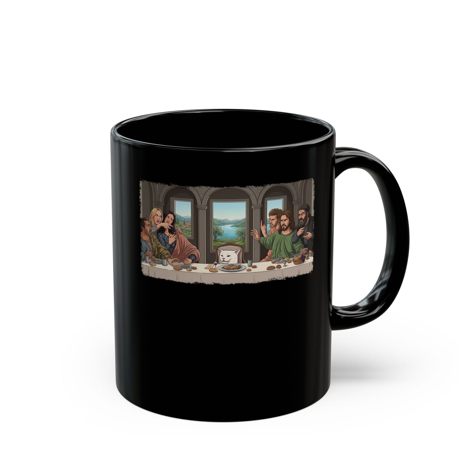 Last Supper x Woman Yelling at Cat Mug — Funny Religious Art Mashup Black Mug