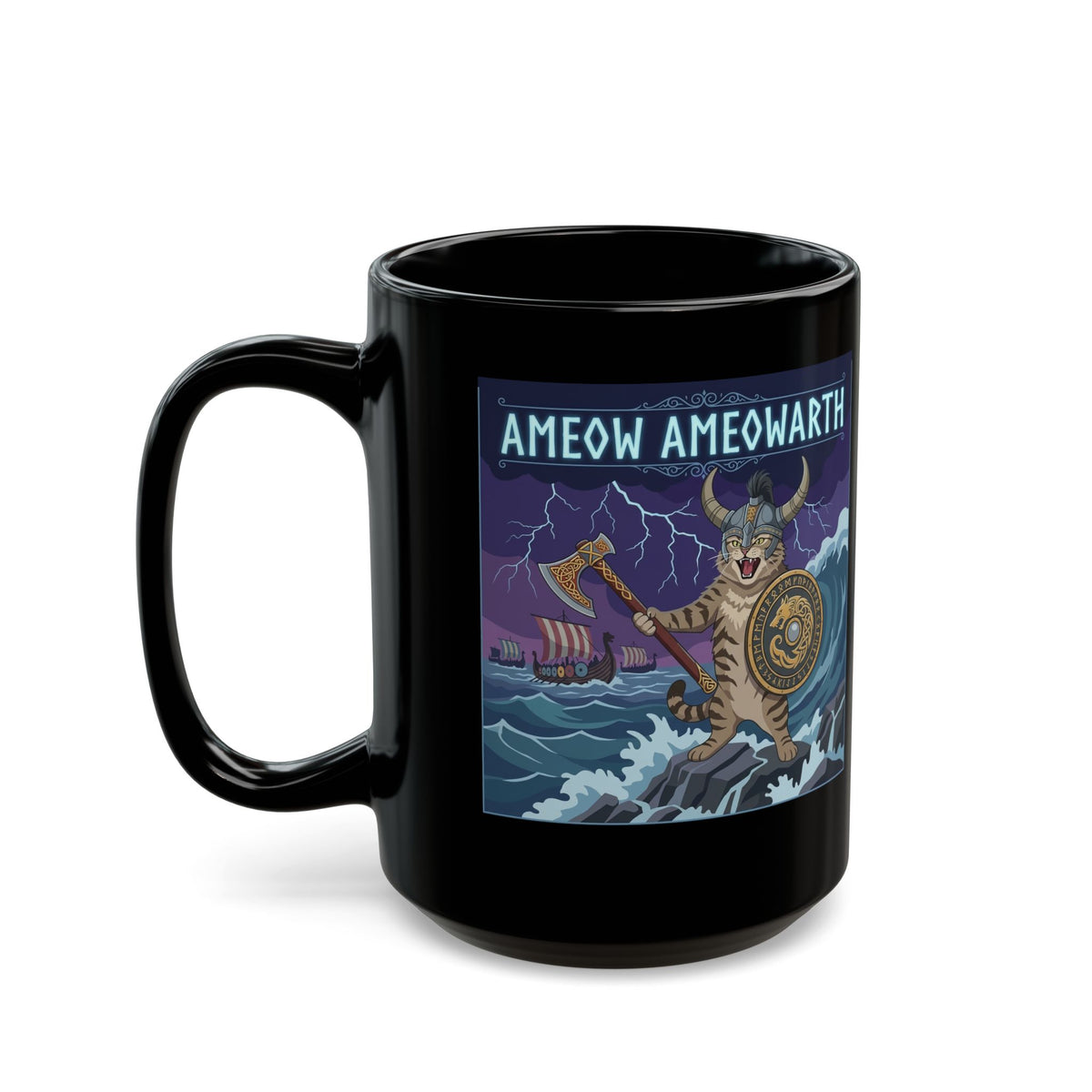 Ameow Ameowarth Cat Viking Black Mug — Funny Viking Cat Graphic Mug