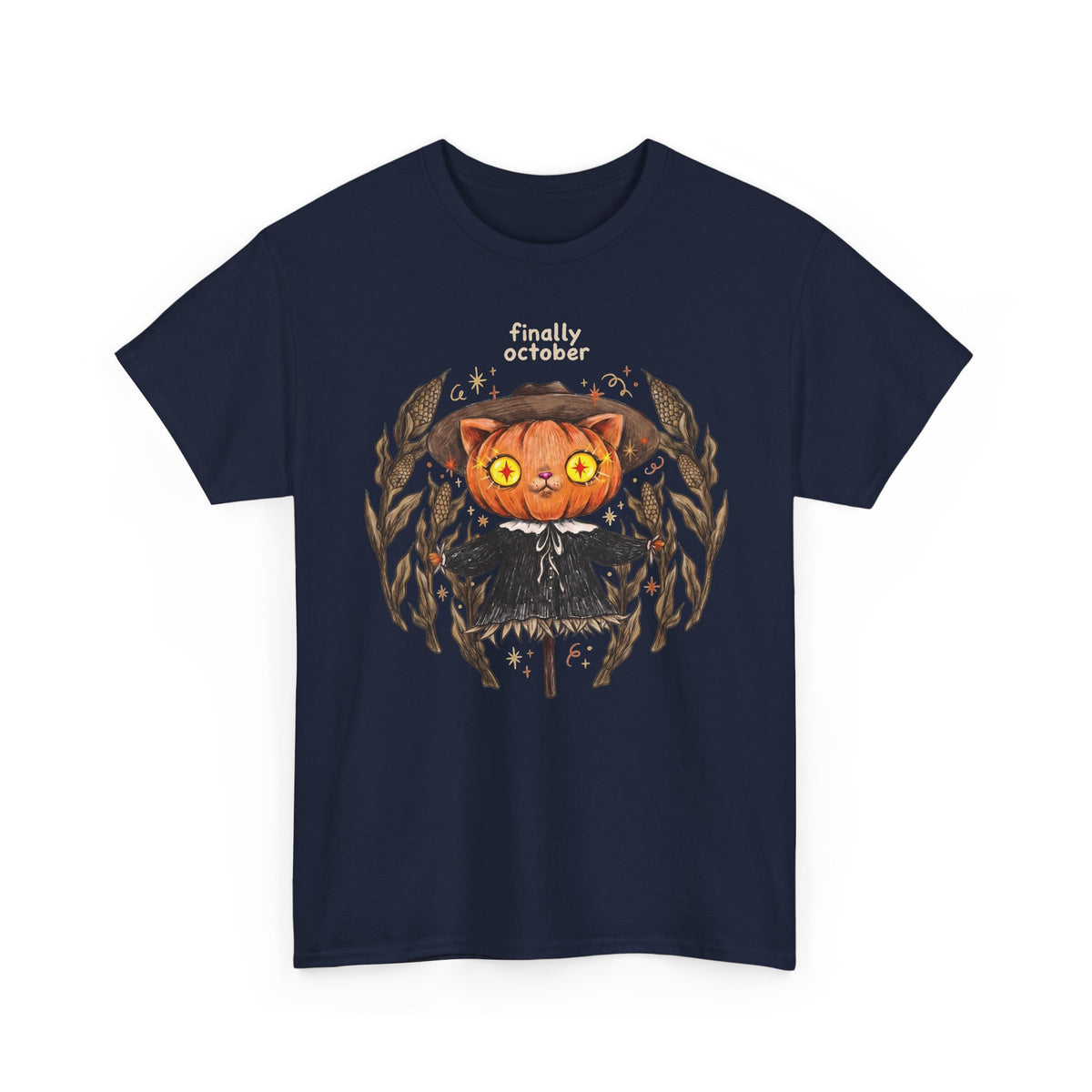 Finally October Pumpkin Cat Scarecrow T-Shirt — Vintage Autumn Halloween Tee
