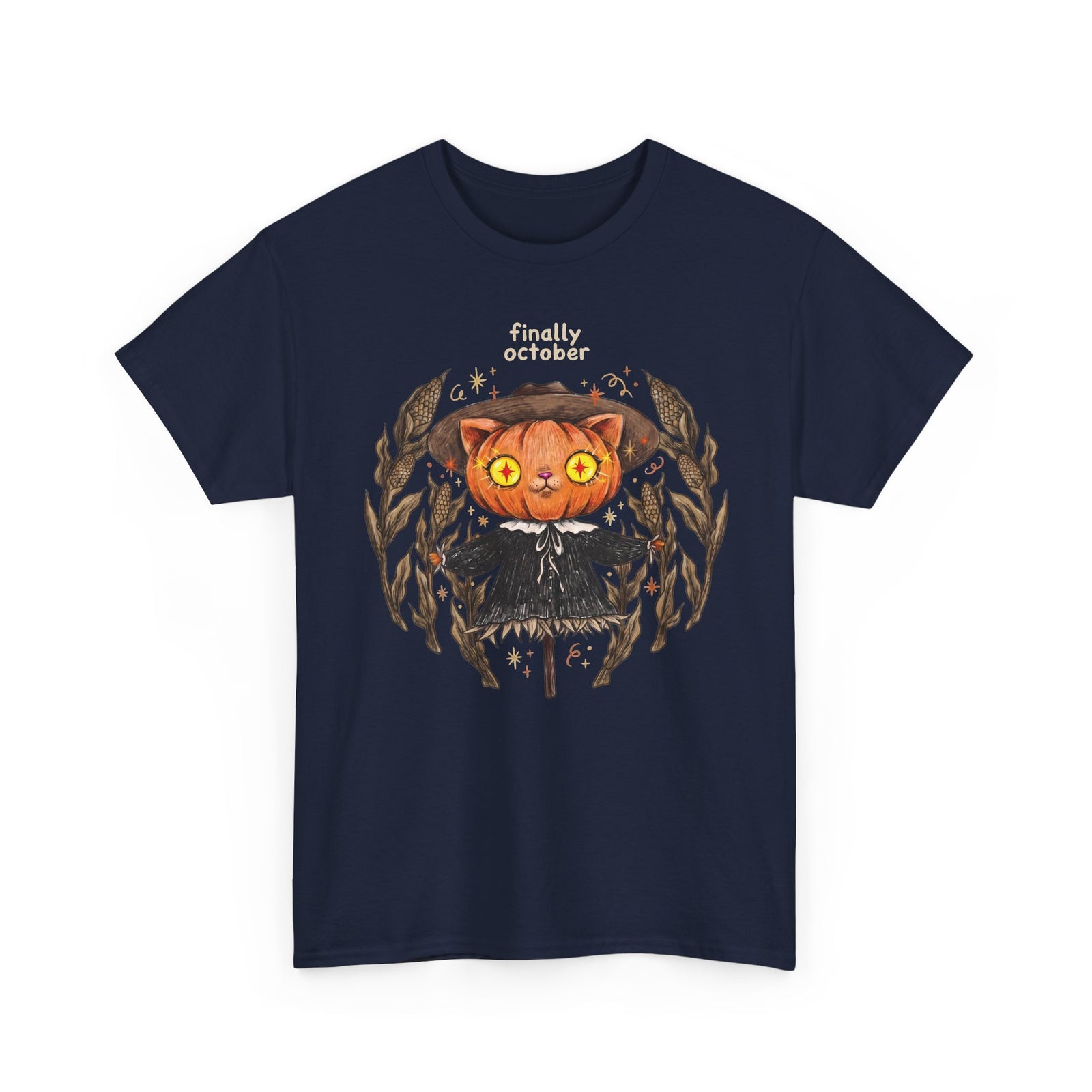 Finally October Pumpkin Cat Scarecrow T-Shirt — Vintage Autumn Halloween Tee