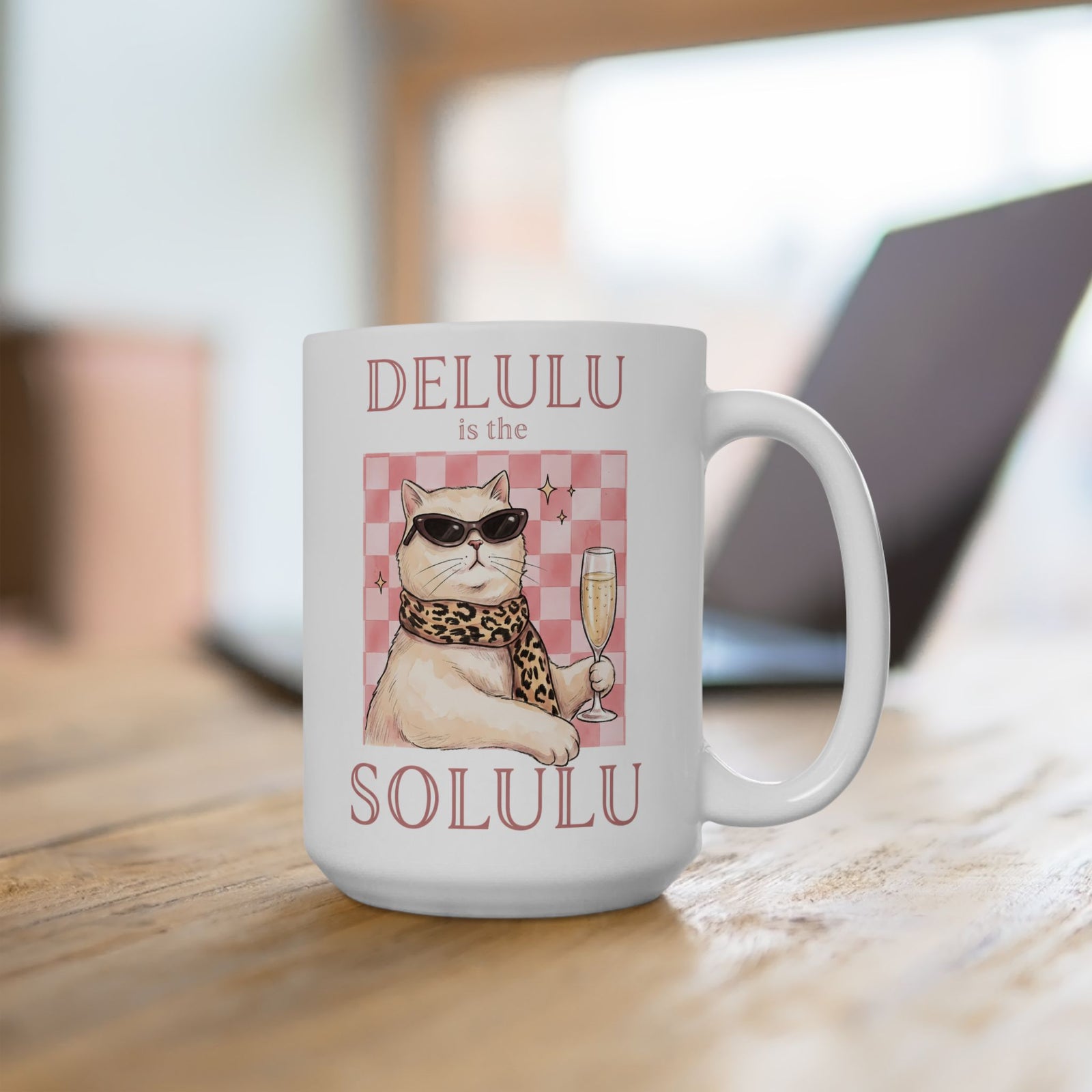 Delulu Is The Solulu Ceramic Mug — Funny Sassy Cat Champagne Graphic Mug