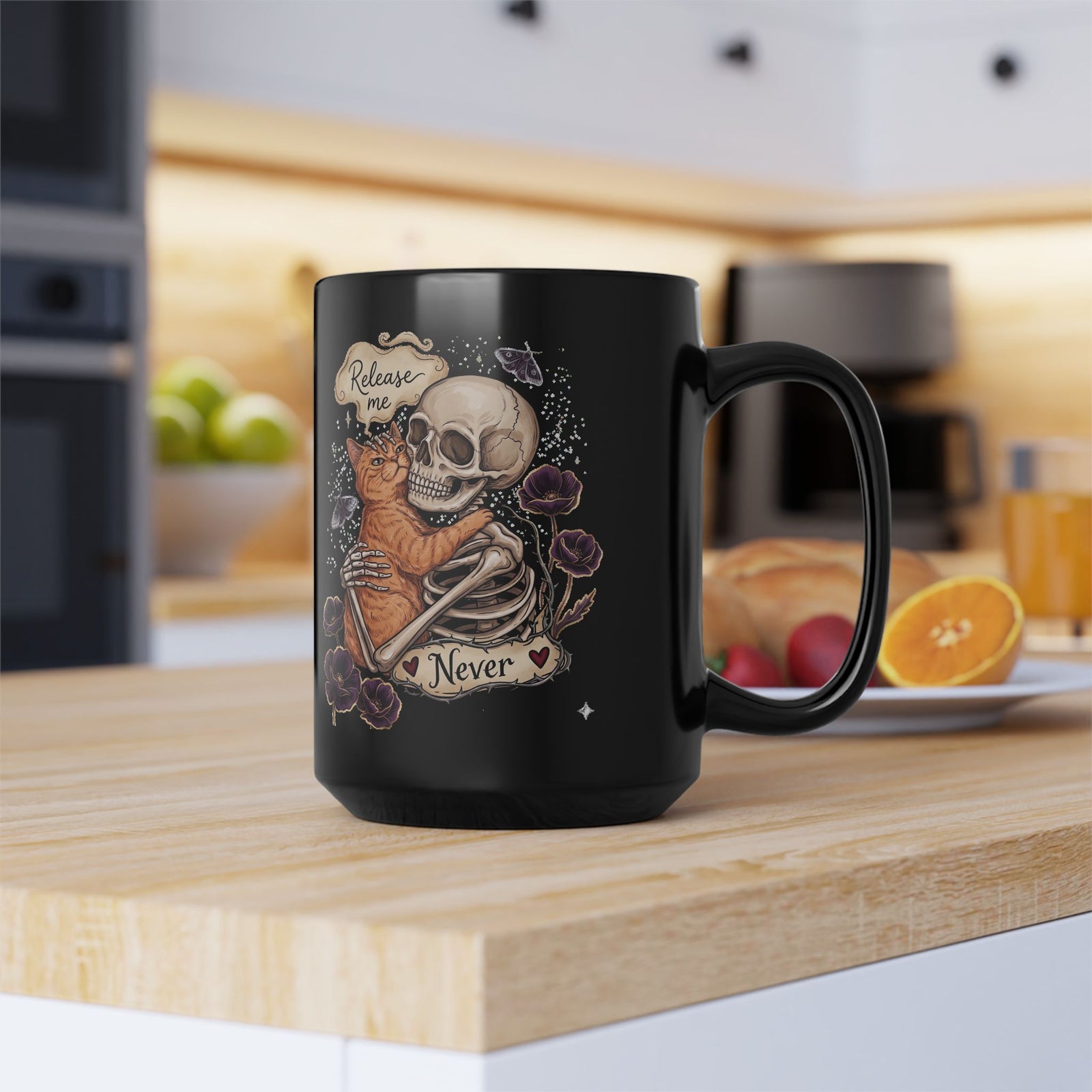 Funny Clingy Skeleton & Cat Black Mug — Dark Aesthetic Cat Mug