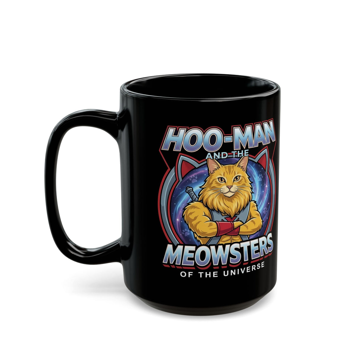 Hoo-Man and the Meowsters of the Universe Black Mug