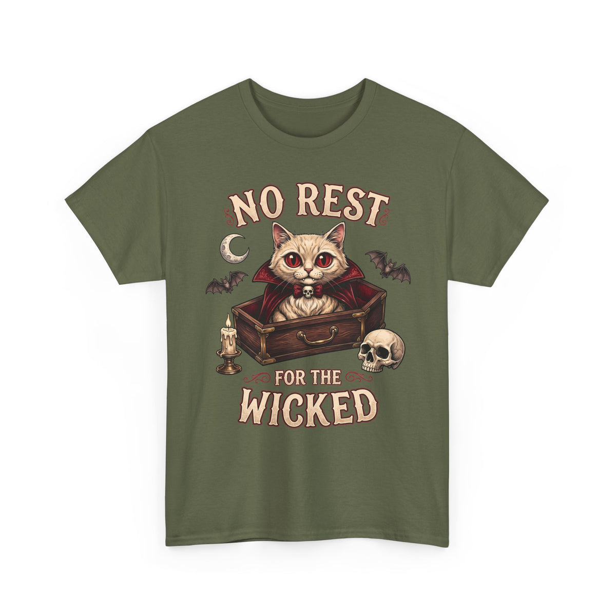 No Rest For The Wicked Vampire Cat Coffin Shirt — Gothic Halloween Tee
