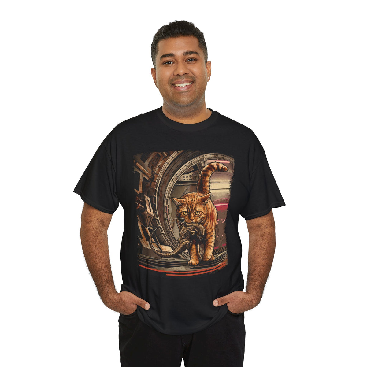 Sci-Fi Pest Control Cat T-Shirt — Alien Hunter Orange Tabby Graphic