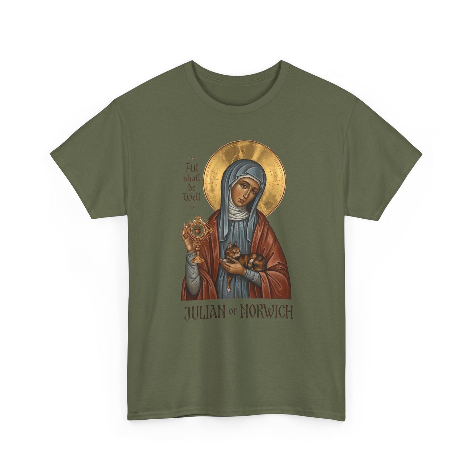 Julian of Norwich & Cat T-Shirt — Spiritual Saint Tee for Cat Lovers