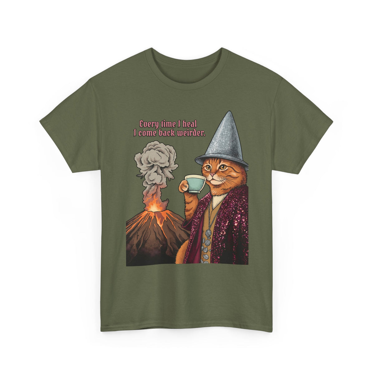 Weird Healing Journey Cat T-Shirt — Retro Feline Tea Time Aesthetic Shirt