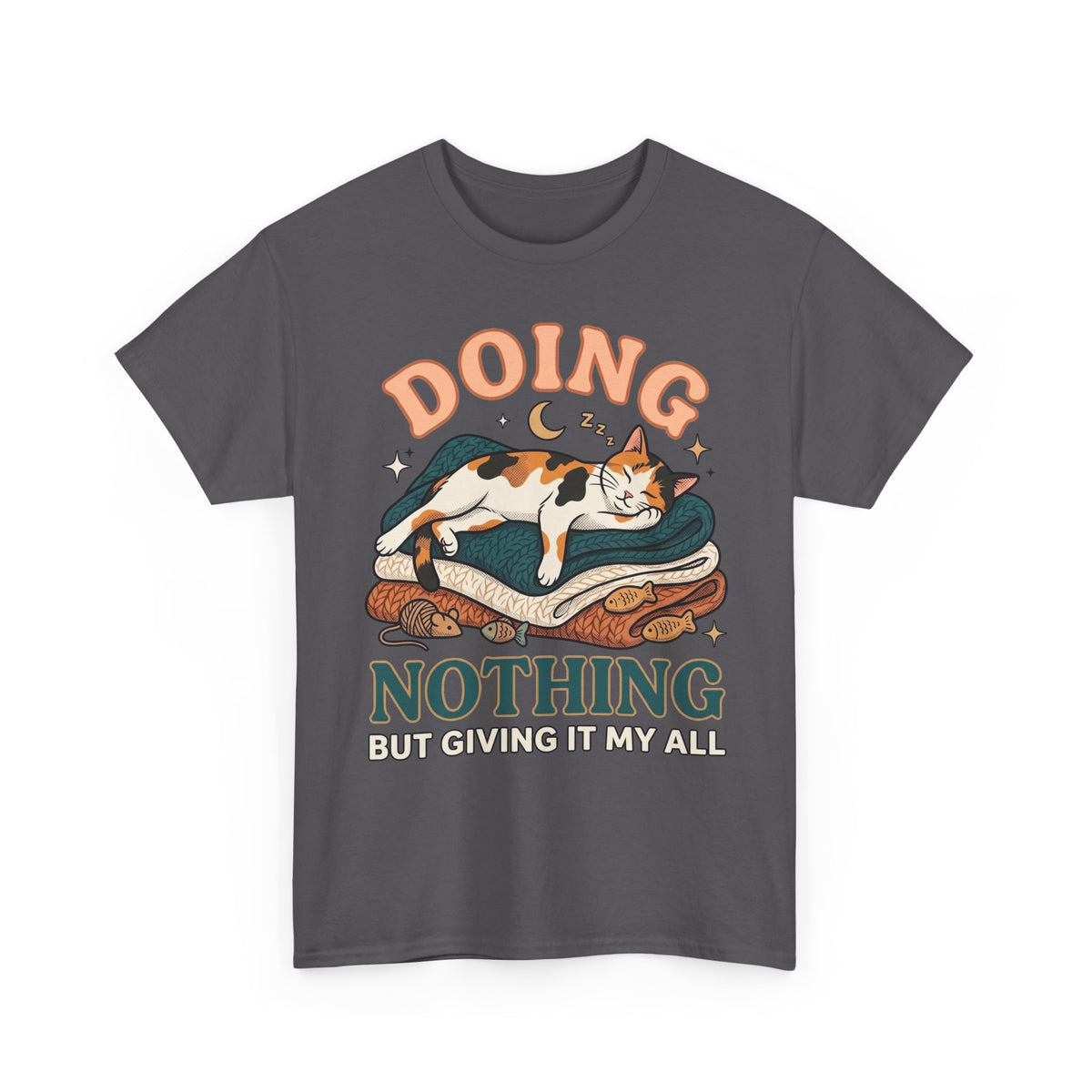 Doing Nothing Cat T‑Shirt Retro Calico Cat “Doing Nothing But Giving It My All” Graphic Tee