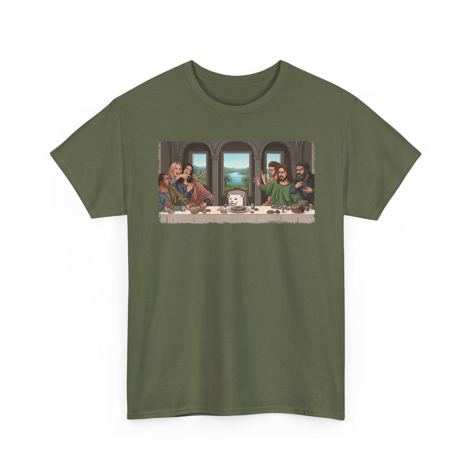 Last Supper x Woman Yelling at Cat Tee — Funny Religious Art Mashup T-Shirt