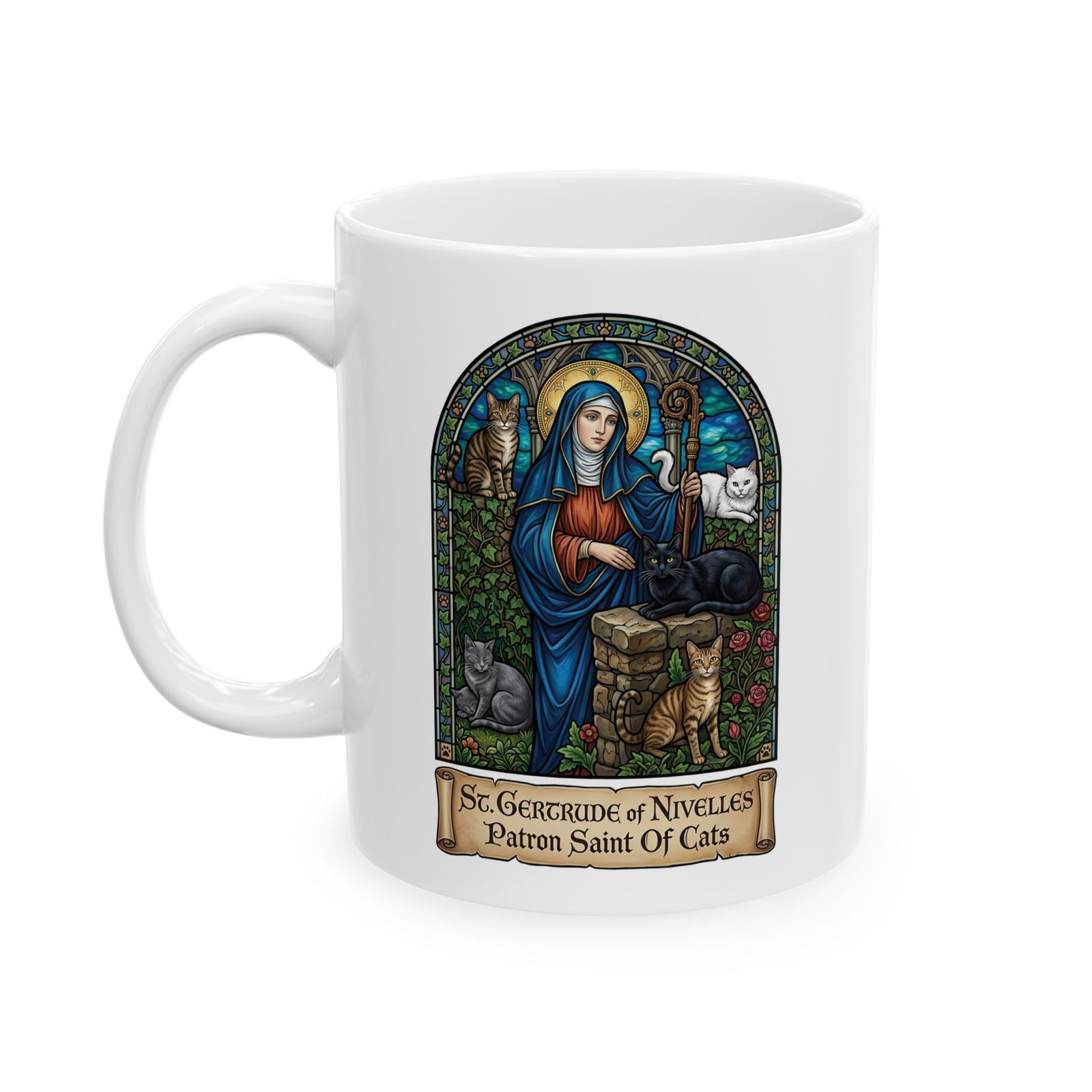 Saint Gertrude of Nivelles Cat Patron Ceramic Mug — Patron Saint of Cats Mug