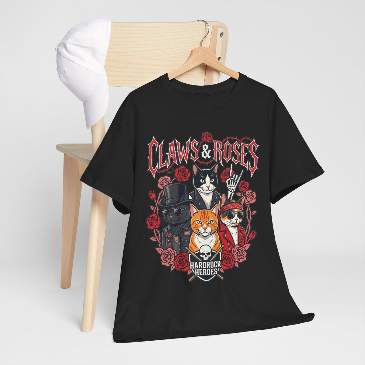 Claws & Roses Cat Band Tee - Rock 'N' Roll Feline Graphic T-Shirt